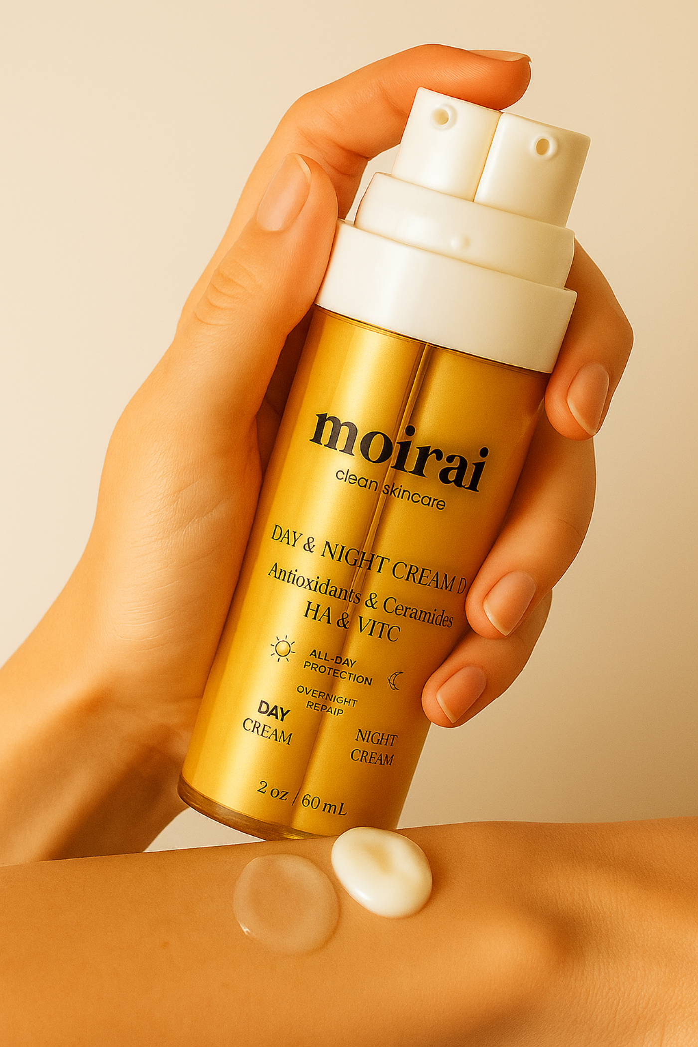 Moirai Day and Night Duo dual-chamber bottle with AM cream and PM cream