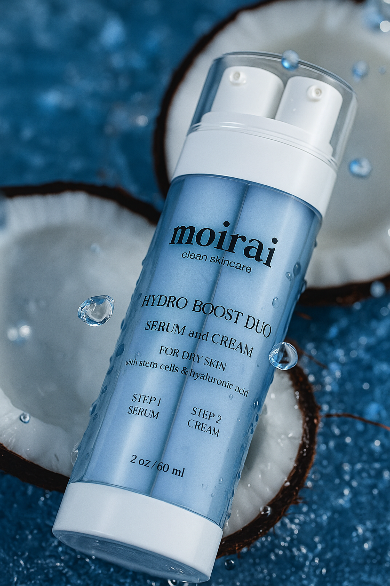 Moirai skincare serum and cream bottle with coconut halves on a blue background