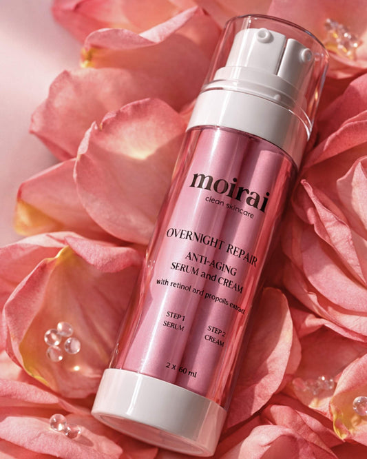 Moirai Overnight Repair Duo anti aging dual delivery serum and cream with retinol over rose petals