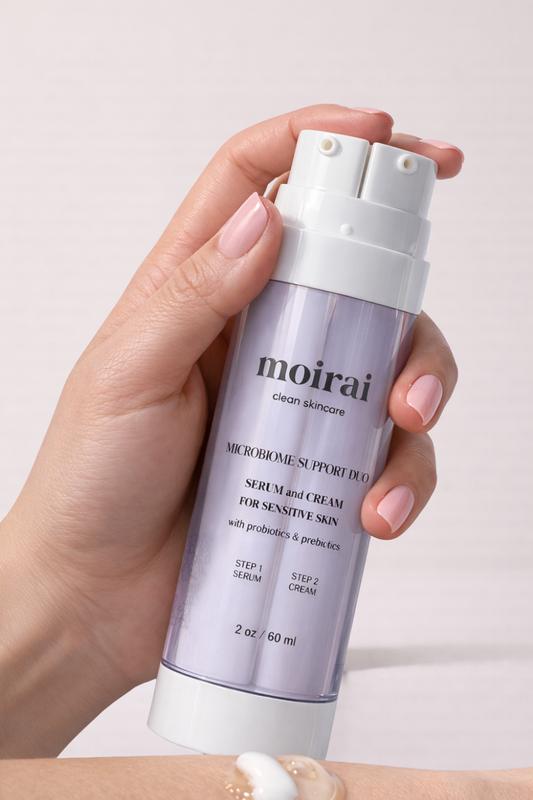 Hand holding Moirai Microbiome Support Duo-dual chamber bottle with probiotic serum and moisturizer for Balance & Clarity