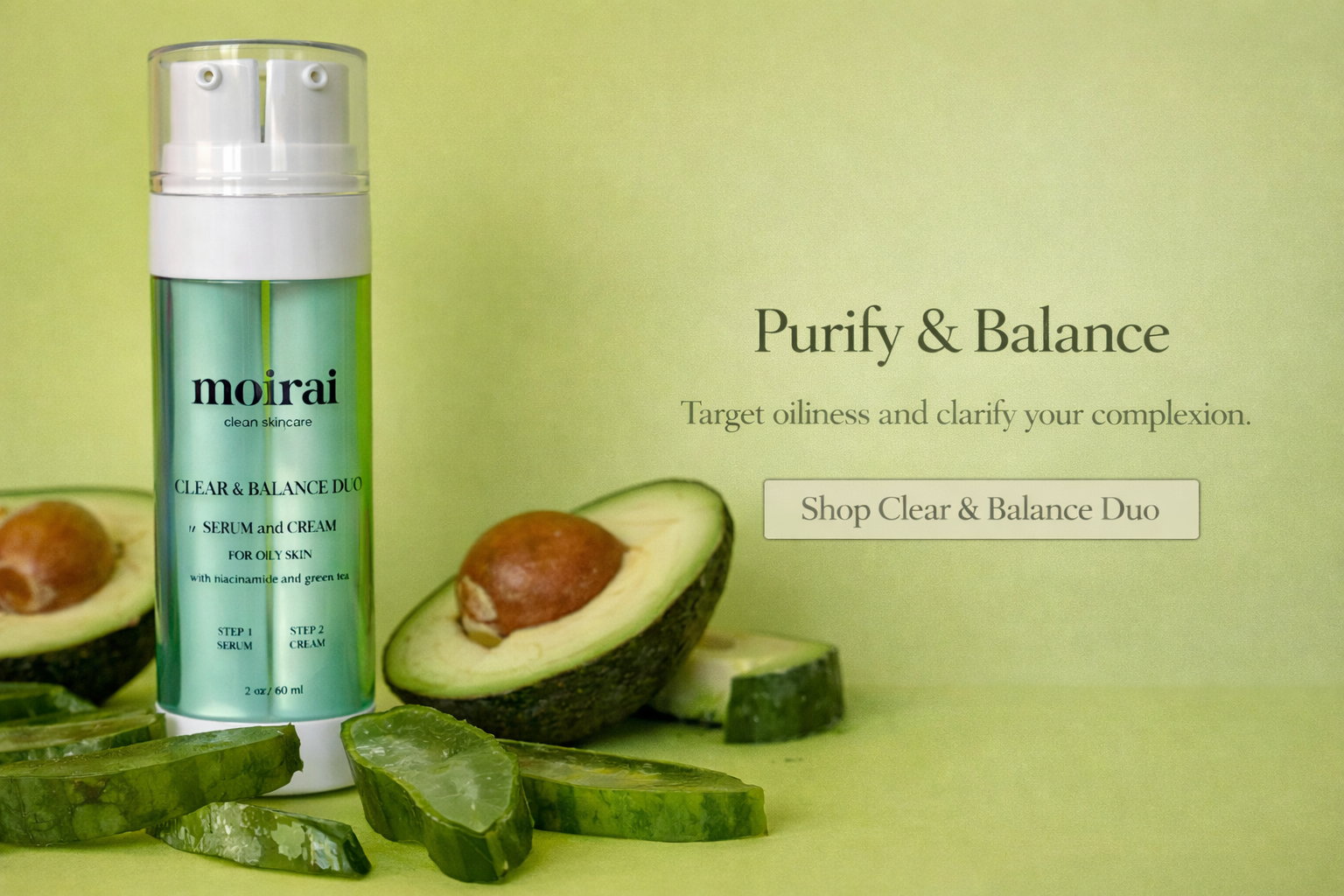 Moirai Clear & Balance Duo with avocado and aloe vera slices on green background