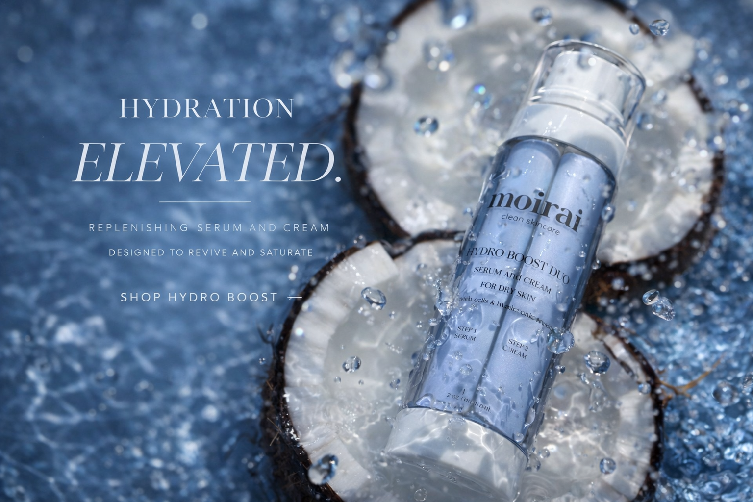 Moirai Hydro-Boost Duo shown with water splash on a blue hydration background