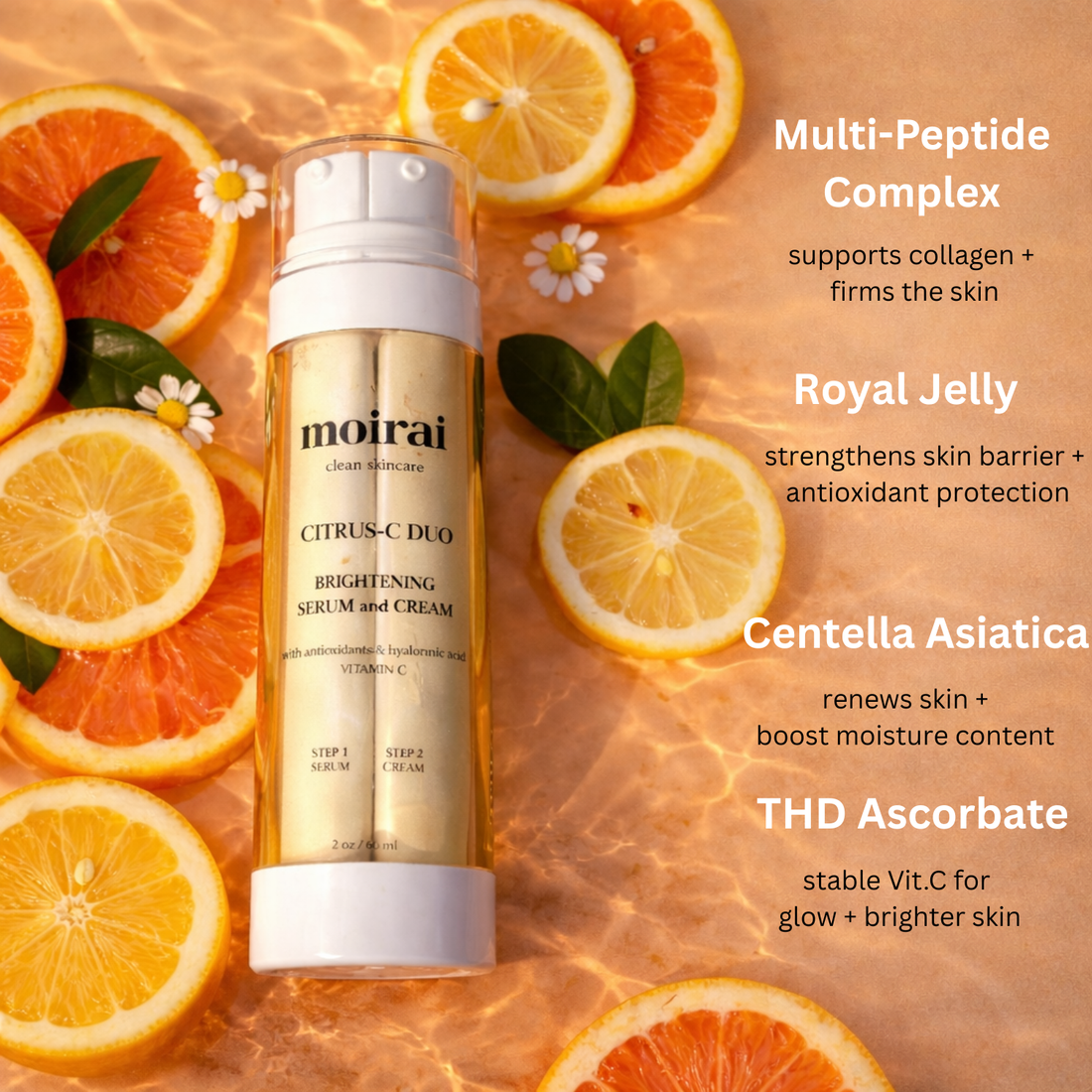 Moirai Citrus-C duo with orange slices and brightening ingredient callouts on a warm citrus background
