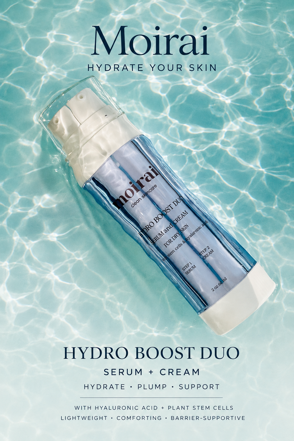 Blue Moirai Hydro Boost Duo serum-and-cream bottle floating in sunlit water. 
