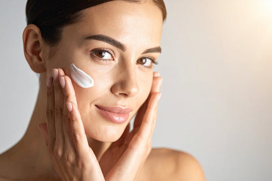Woman applying facial moisturizer illustrating gentle skincare that support skin barrier and microbiome.