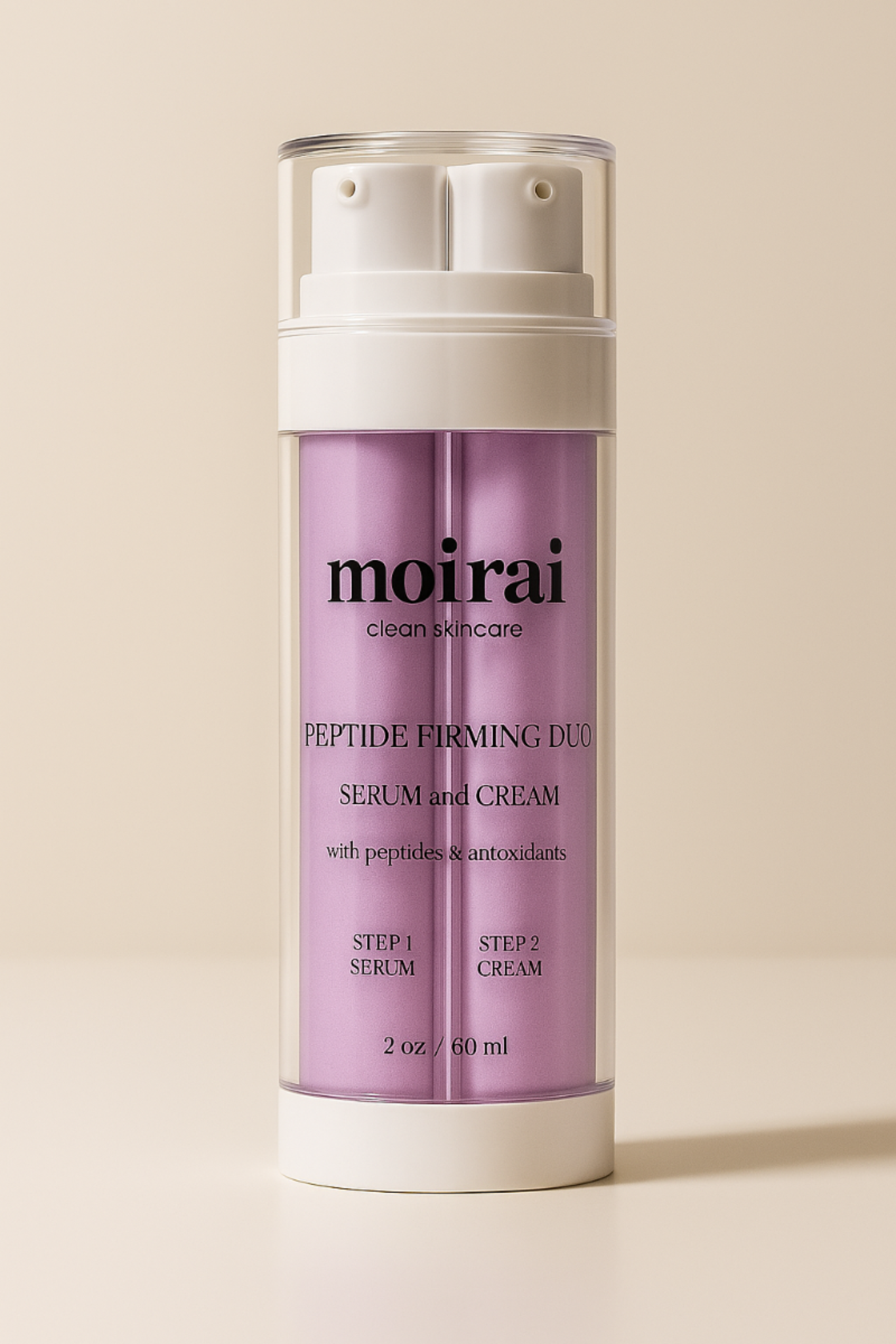 Moirai Peptide Firming Duo chamber bottle featuring firming serum and cream with peptide complex and antioxidants 