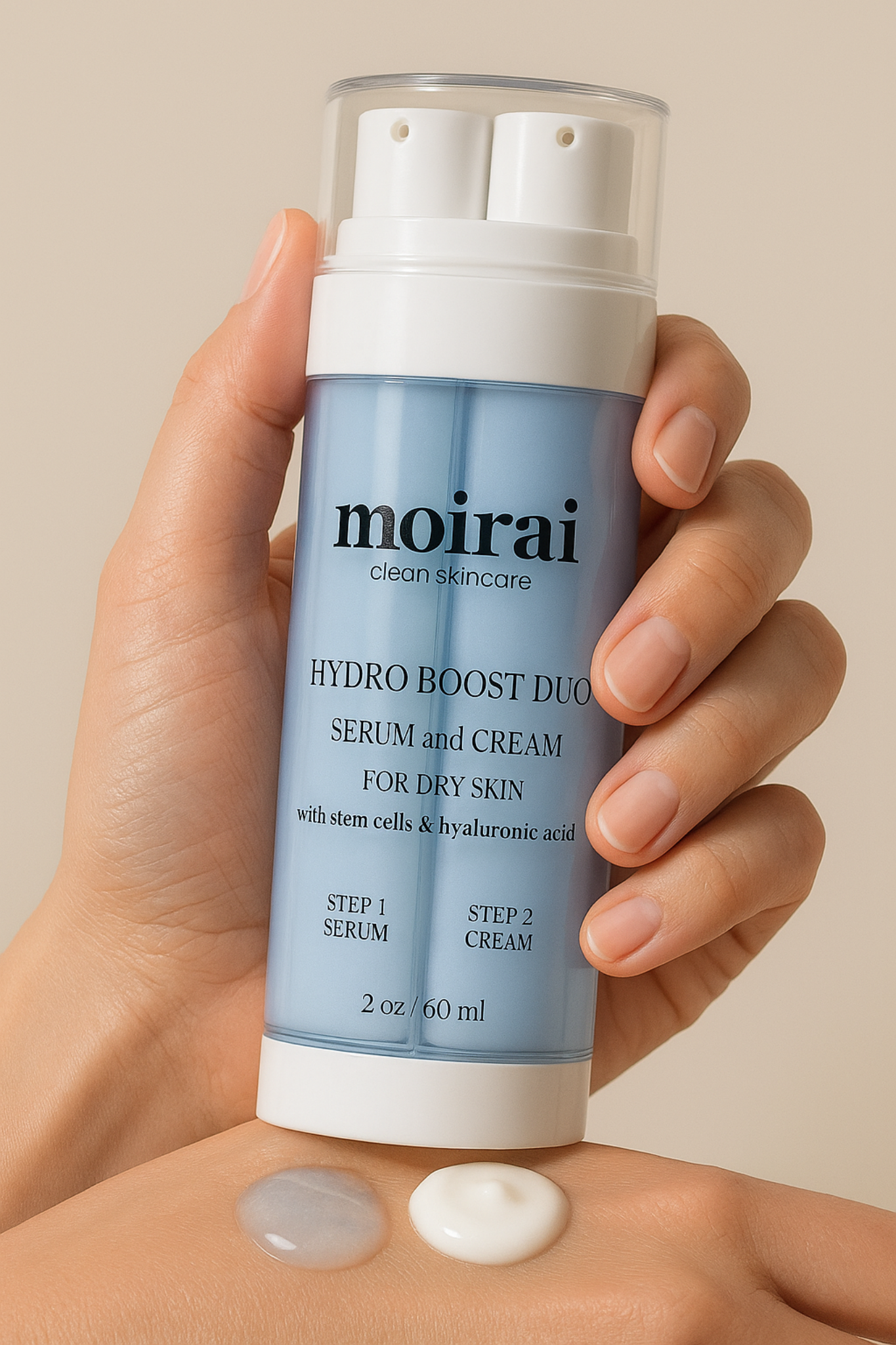 Moirai Skincare Hydro Boost Duo serum cream for dry skin with stem cells and hyaluronic acid