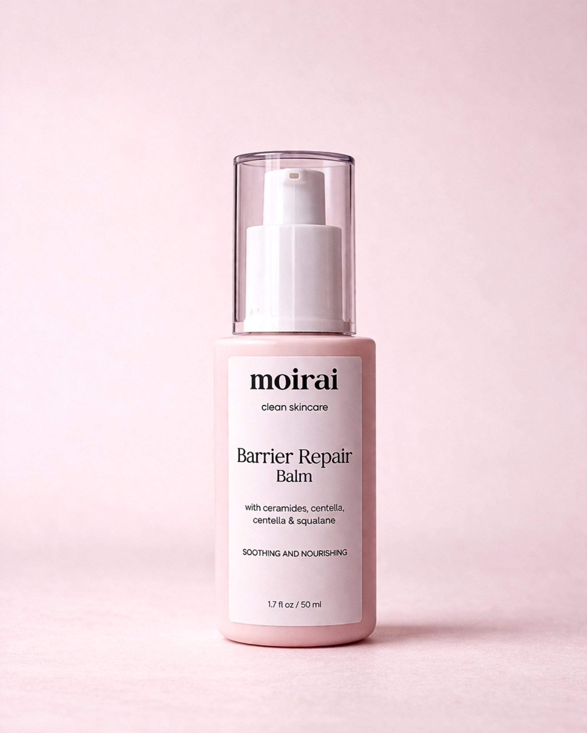 Moirai Barrier Repair Balm bottle on a blush background