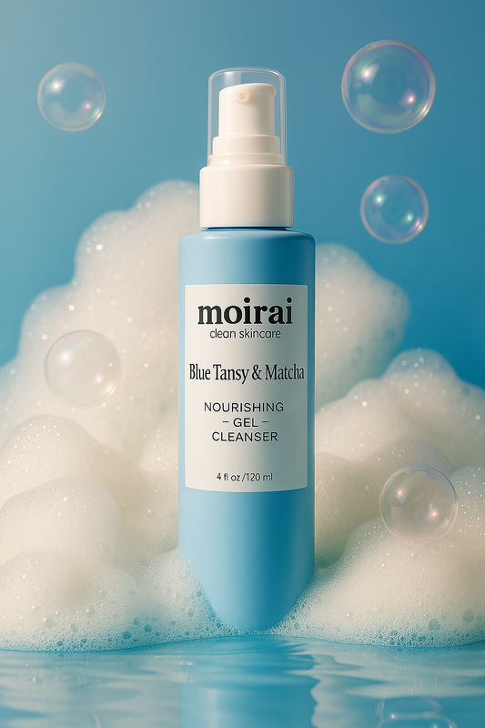 Moirai Blue Tansy & Matcha Nourishing Cleanser with bubbles and foam 