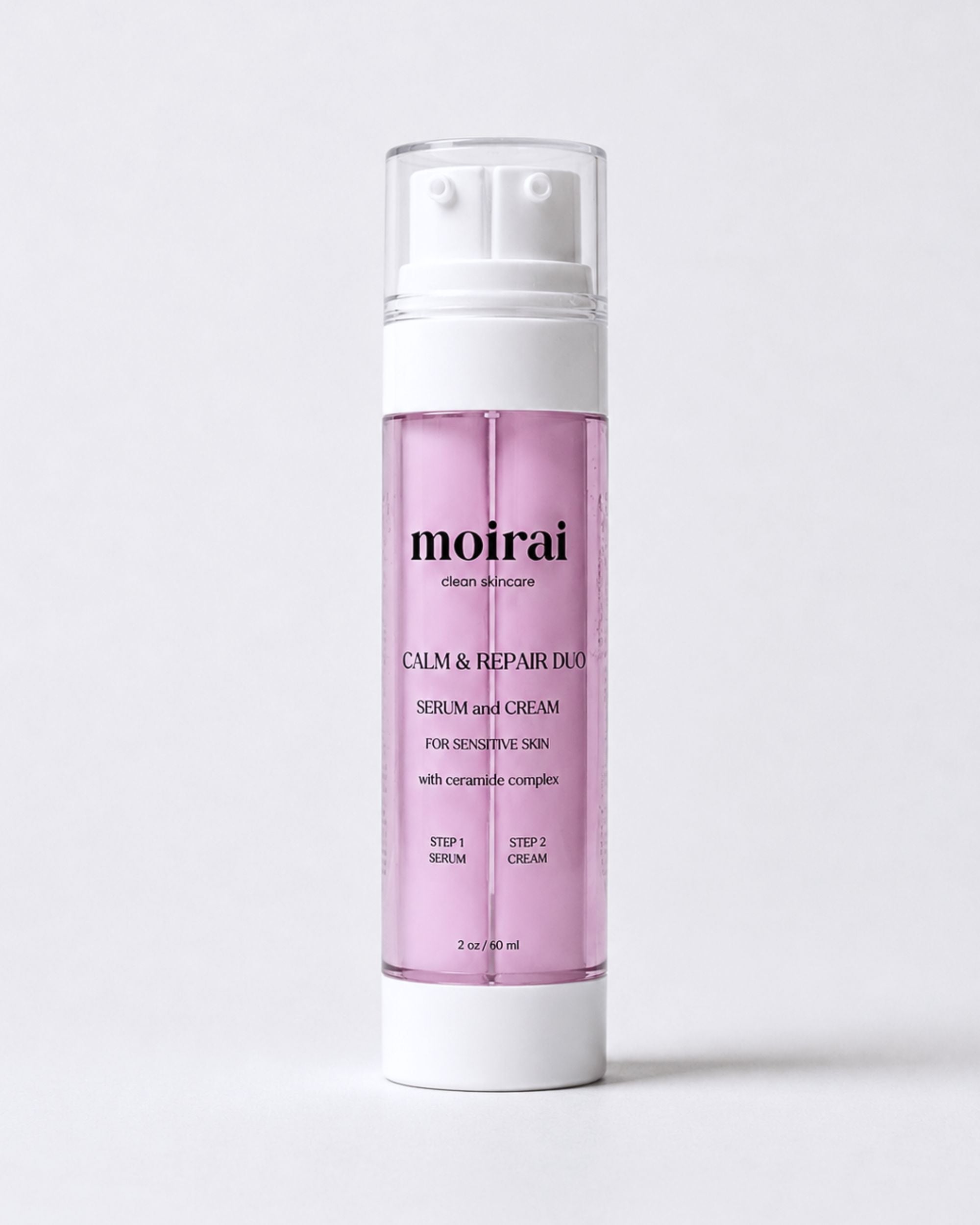 Moirai Calm & Repair Duo serum and cream in one bottle with ceramide complex and the Dual-Delivery System, designed to support the skin barrier and provide hydration for sensitive skin
