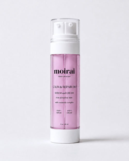 Moirai Calm & Repair Duo serum and cream in one bottle with ceramide complex and the Dual-Delivery System, designed to support the skin barrier and provide hydration for sensitive skin