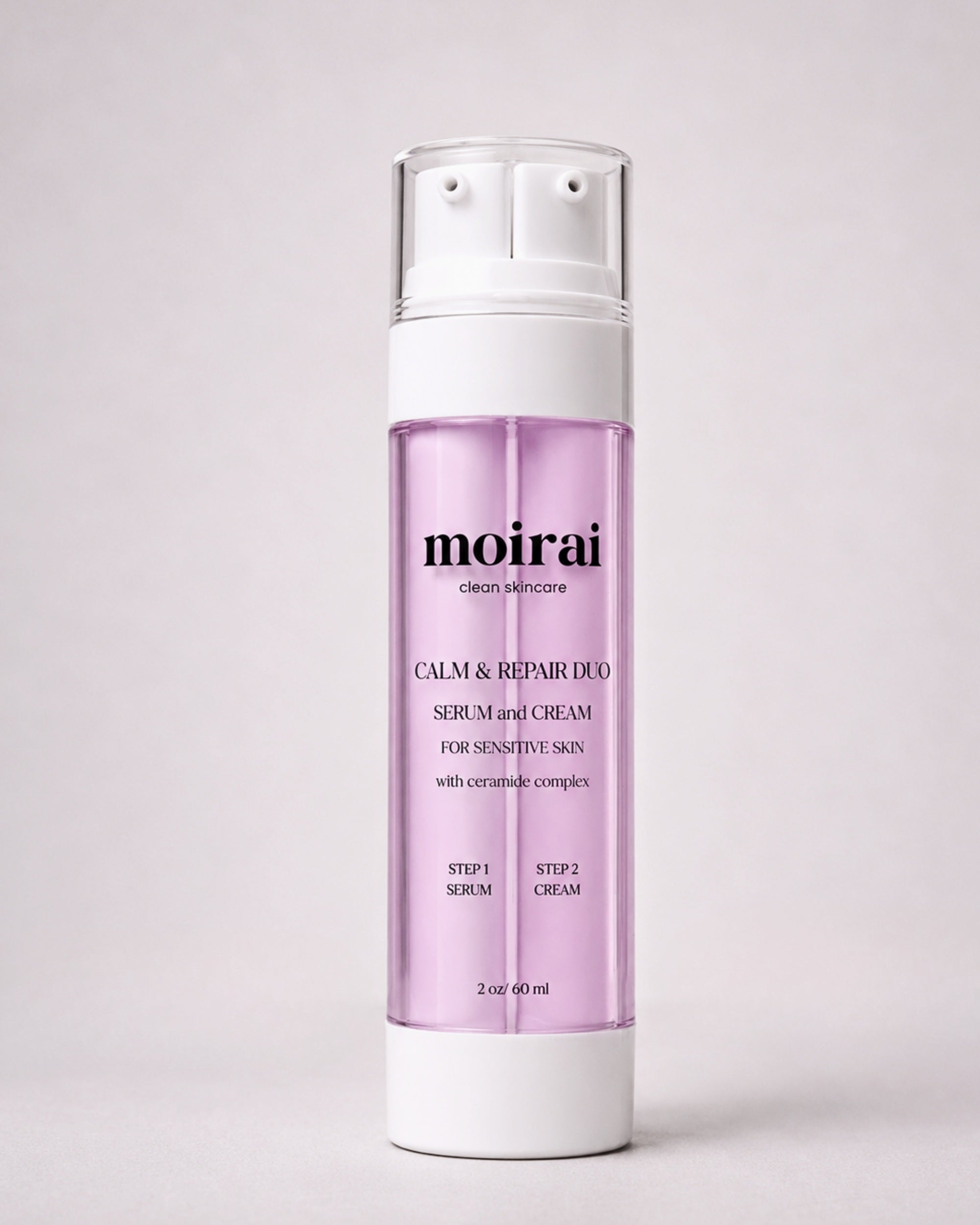 Moirai Calm & Repair Duo serum and cream in one bottle with ceramide complex and the Dual-Delivery System, designed to support the skin barrier and provide hydration for sensitive skin