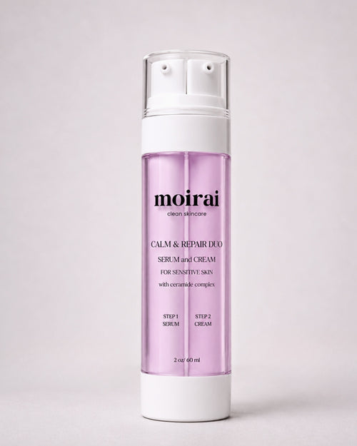 Moirai Calm & Repair Duo serum and cream in one bottle with ceramide complex and the Dual-Delivery System, designed to support the skin barrier and provide hydration for sensitive skin