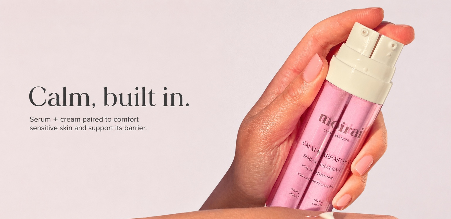 Hand holding Moirai Calm & Repair Duo, a dual-delivery serum and cream for sensitive skin and barrier support.
