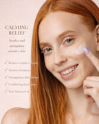 Woman applying Calm & Repair Duo serum and cream for sensitive skin showing calming skincare benefits