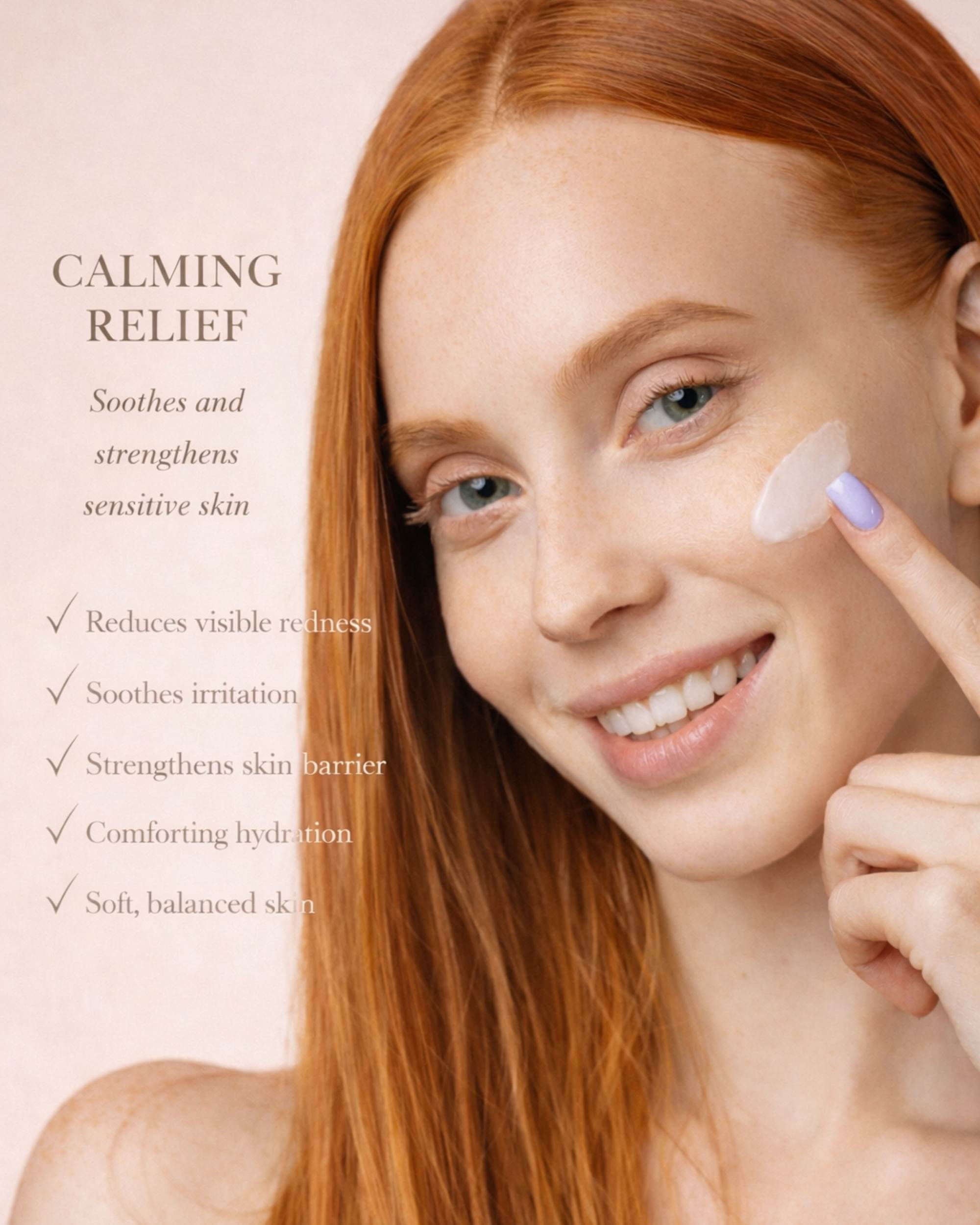Woman applying Calm & Repair Duo serum and cream for sensitive skin showing calming skincare benefits