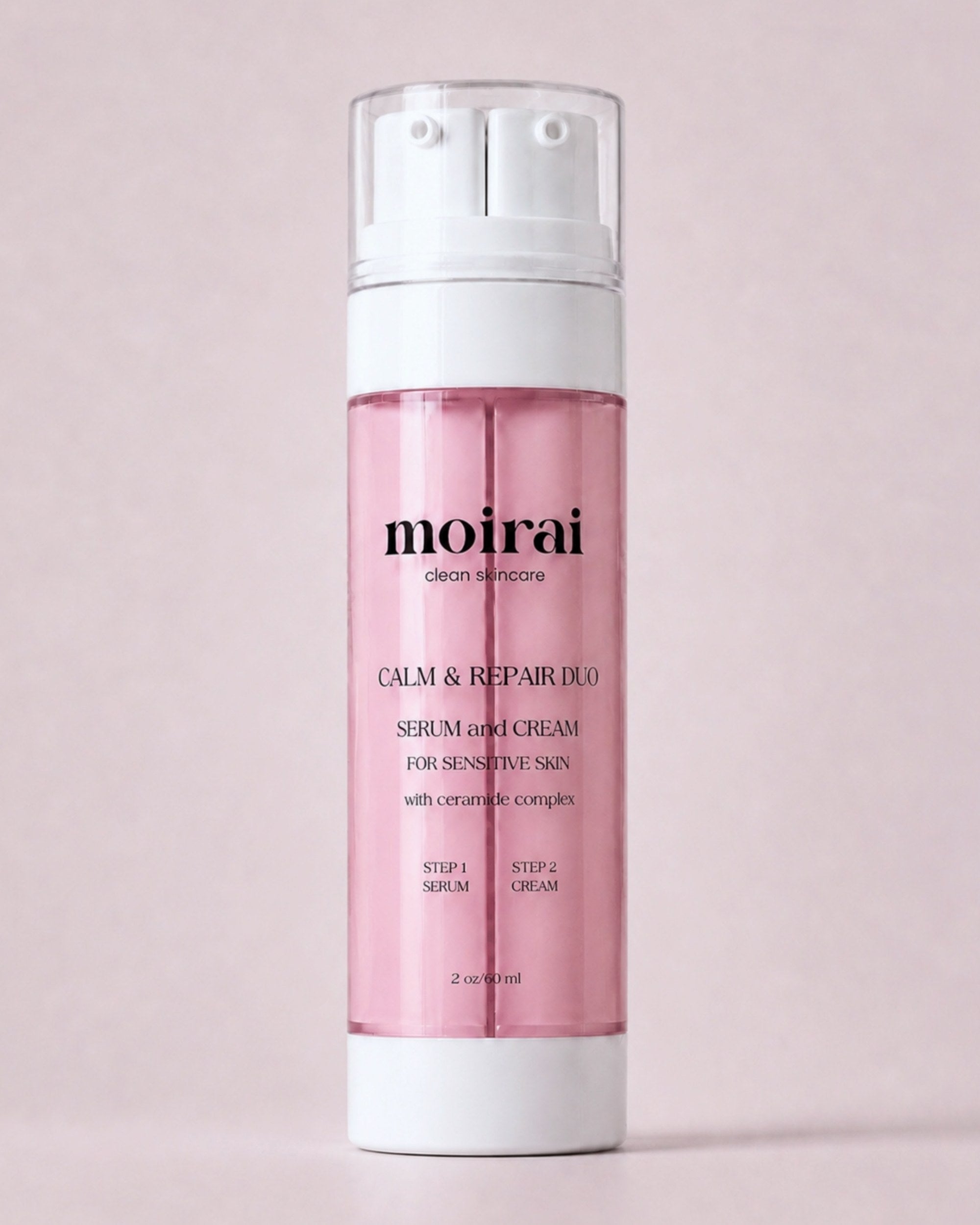 Moirai Calm & Repair Duo serum and cream for sensitive skin in dual-chamber bottle on a soft pink background