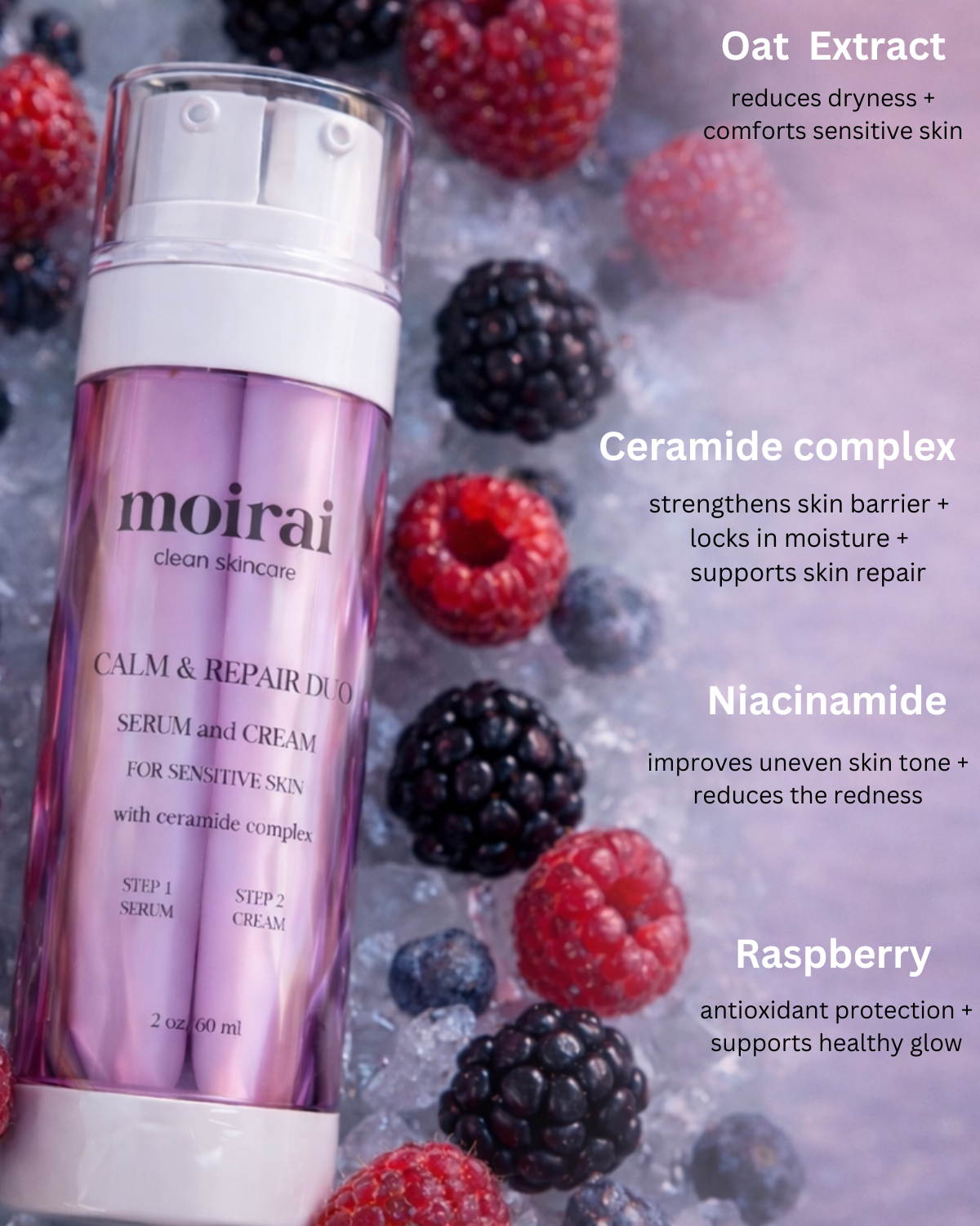Moirai skincare serum with berries on a textured background