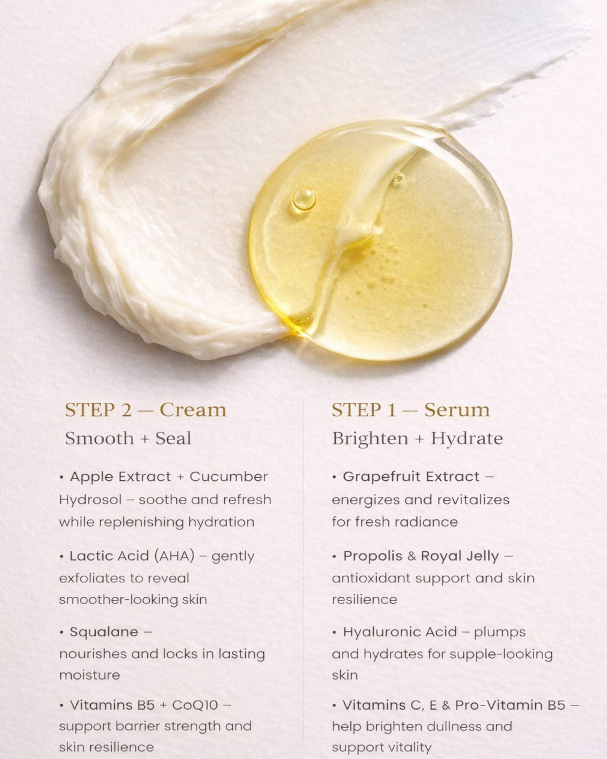 Texture of Moirai Citrus-C Duo vitamin C brightening serum and cream with hyaluronic acid and antioxidant ingredients.