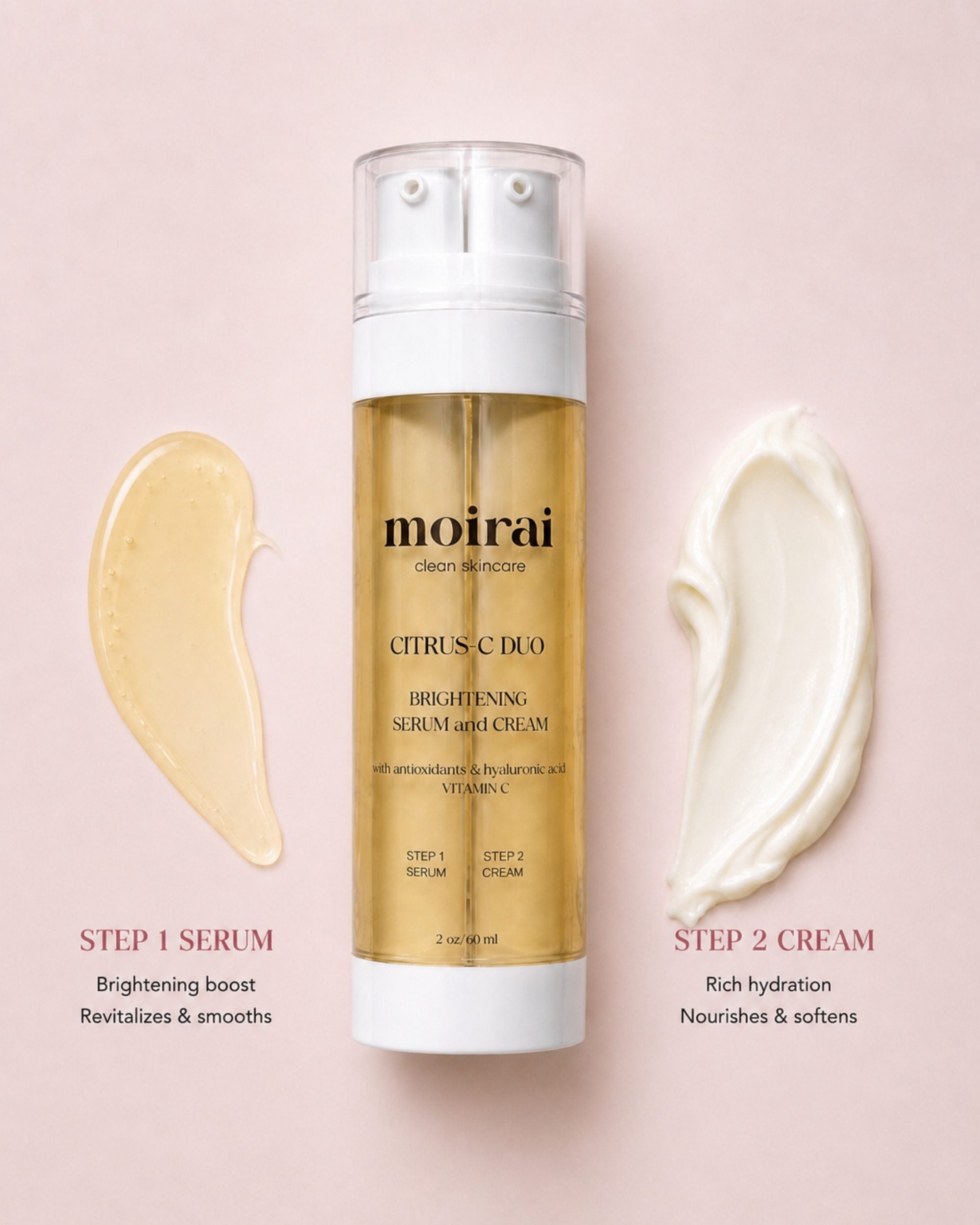 Moirai Citrus C Duo brightening serum and cream with product texture swatches on a soft pink background