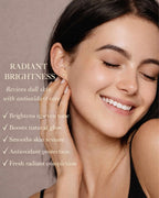 Woman with radiant glowing skin after using Moirai Citrus C Duo vitamin C brightening serum and cream