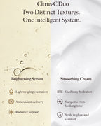 Moirai Citrus C Duo dual-delivery skincare system showing brightening vitamin C serum and cream texture benefit