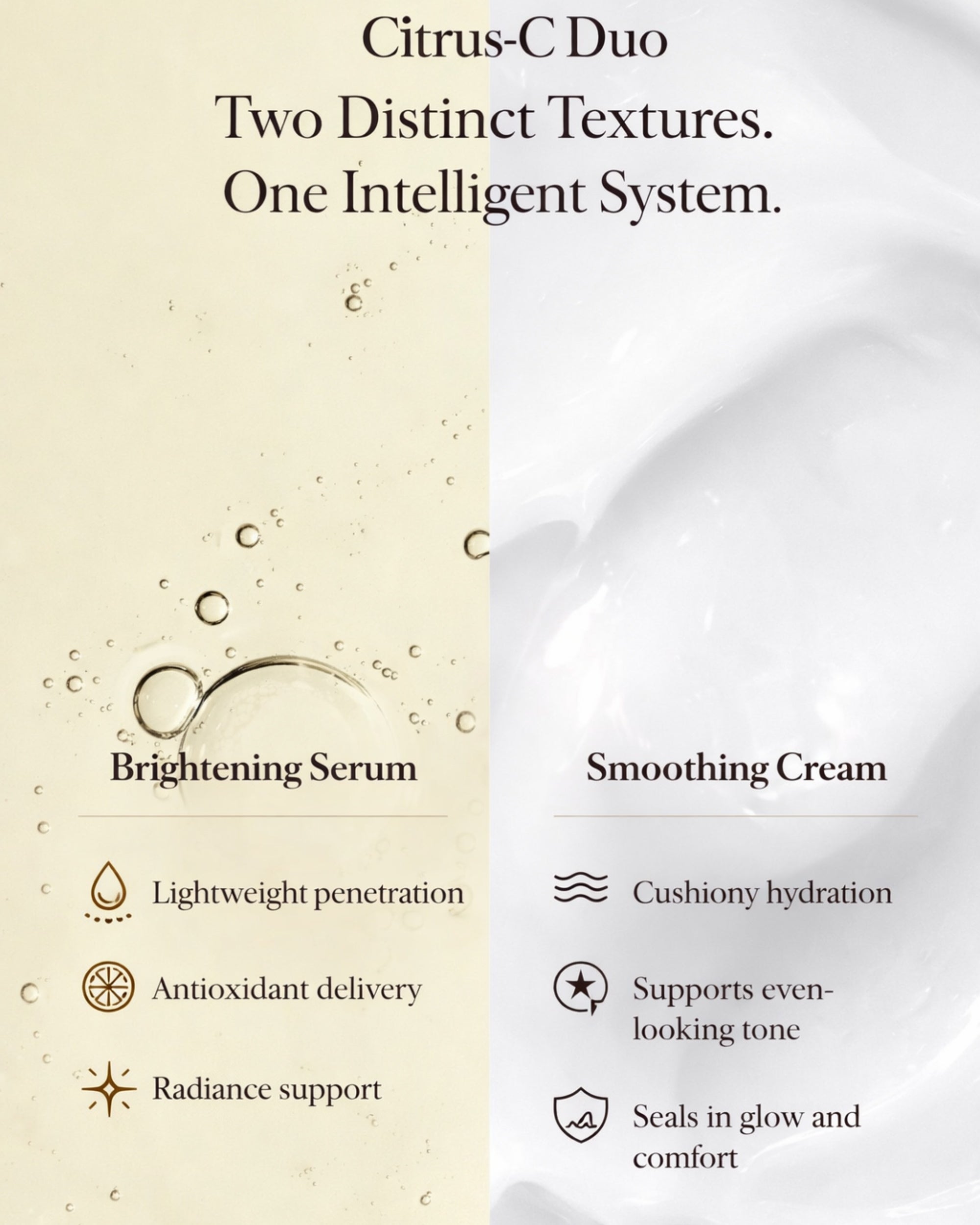 Moirai Citrus C Duo dual-delivery skincare system showing brightening vitamin C serum and cream texture benefit