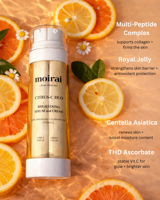 Moirai Citrus-C Duo skincare product with citrus fruits and text on a warm background