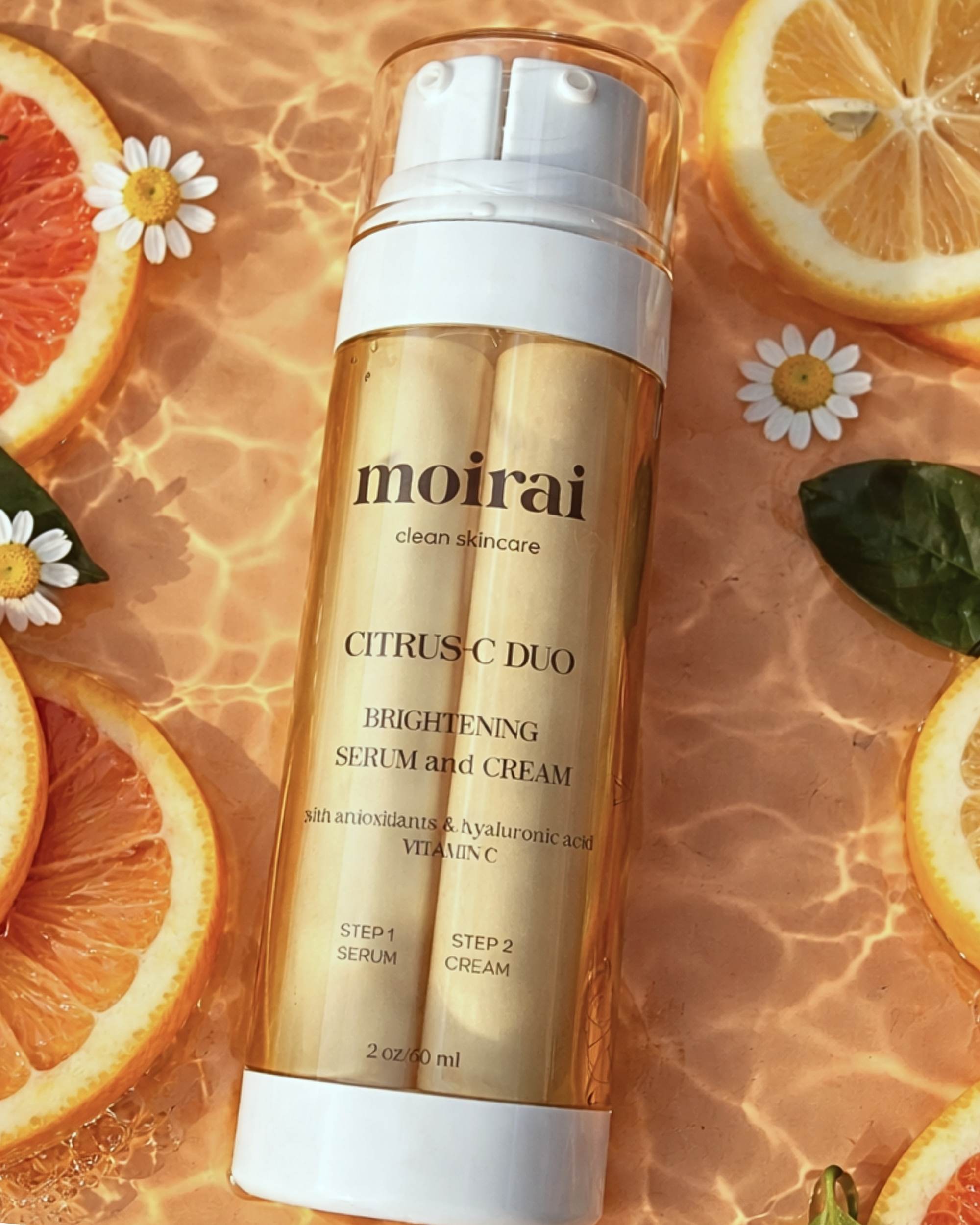 Moirai Citrus-C Duo vitamin C brightening serum and cream with citrus fruits for radiant skin