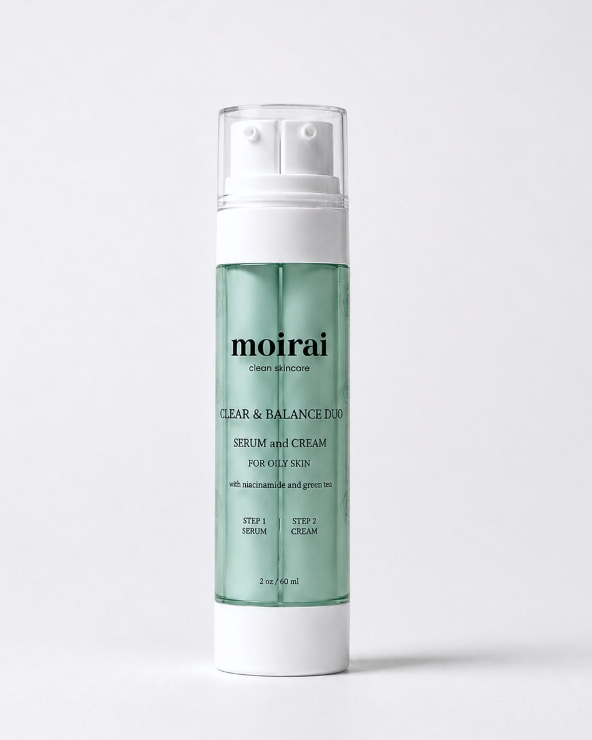 Moirai Clear & Balance Duo serum and cream in one bottle featuring niacinamide, green tea and the Dual-Delivery System to help balance oily and acne-prone skin while supporting healthy hydration