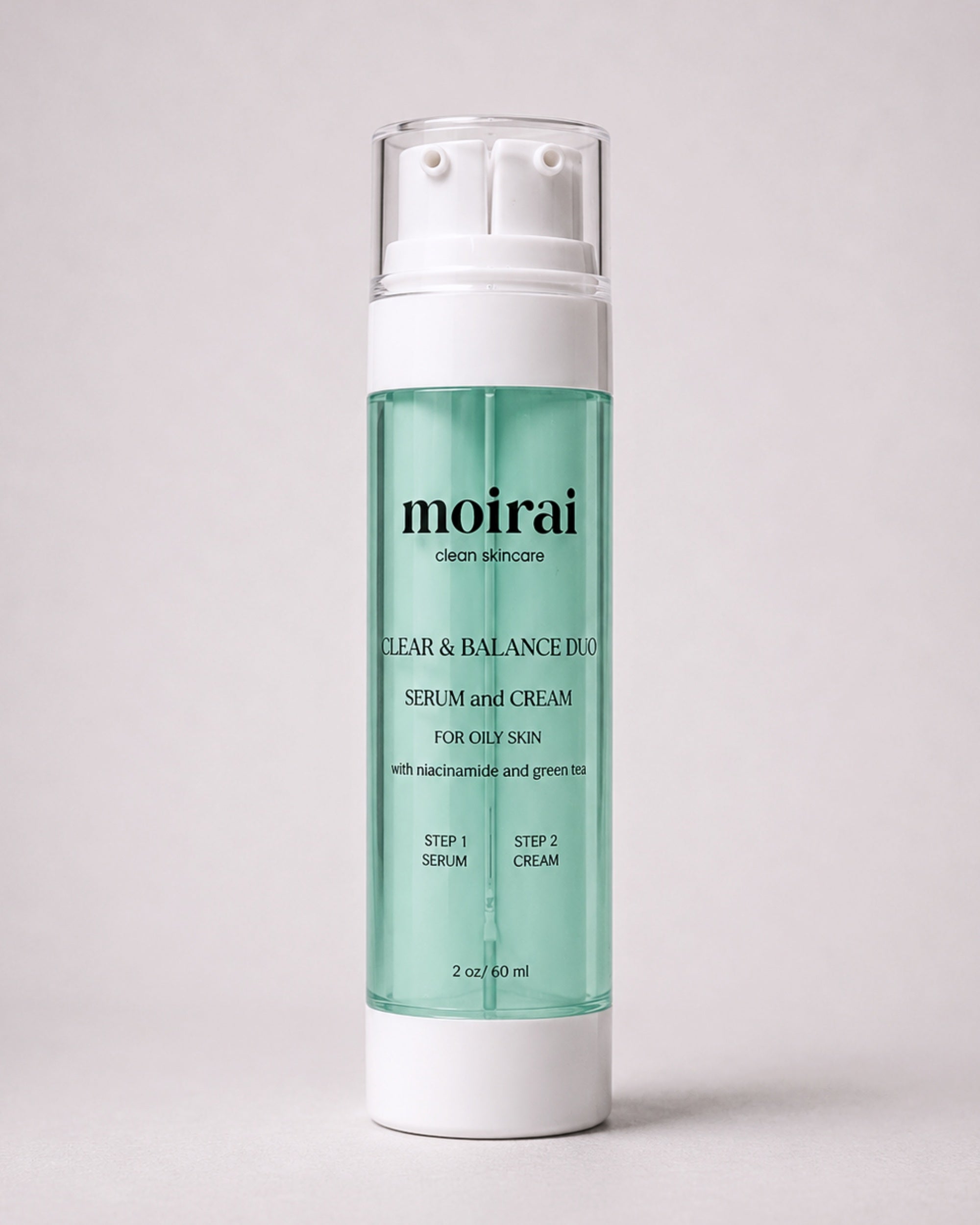 Moirai Clear & Balance Duo serum and cream in one bottle featuring niacinamide, green tea and the Dual-Delivery System to help balance oily and acne-prone skin while supporting healthy hydration