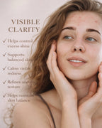 Model with acne-prone skin illustrating benefits of Moirai Clear & Balance Duo for oily and breakout prone skin