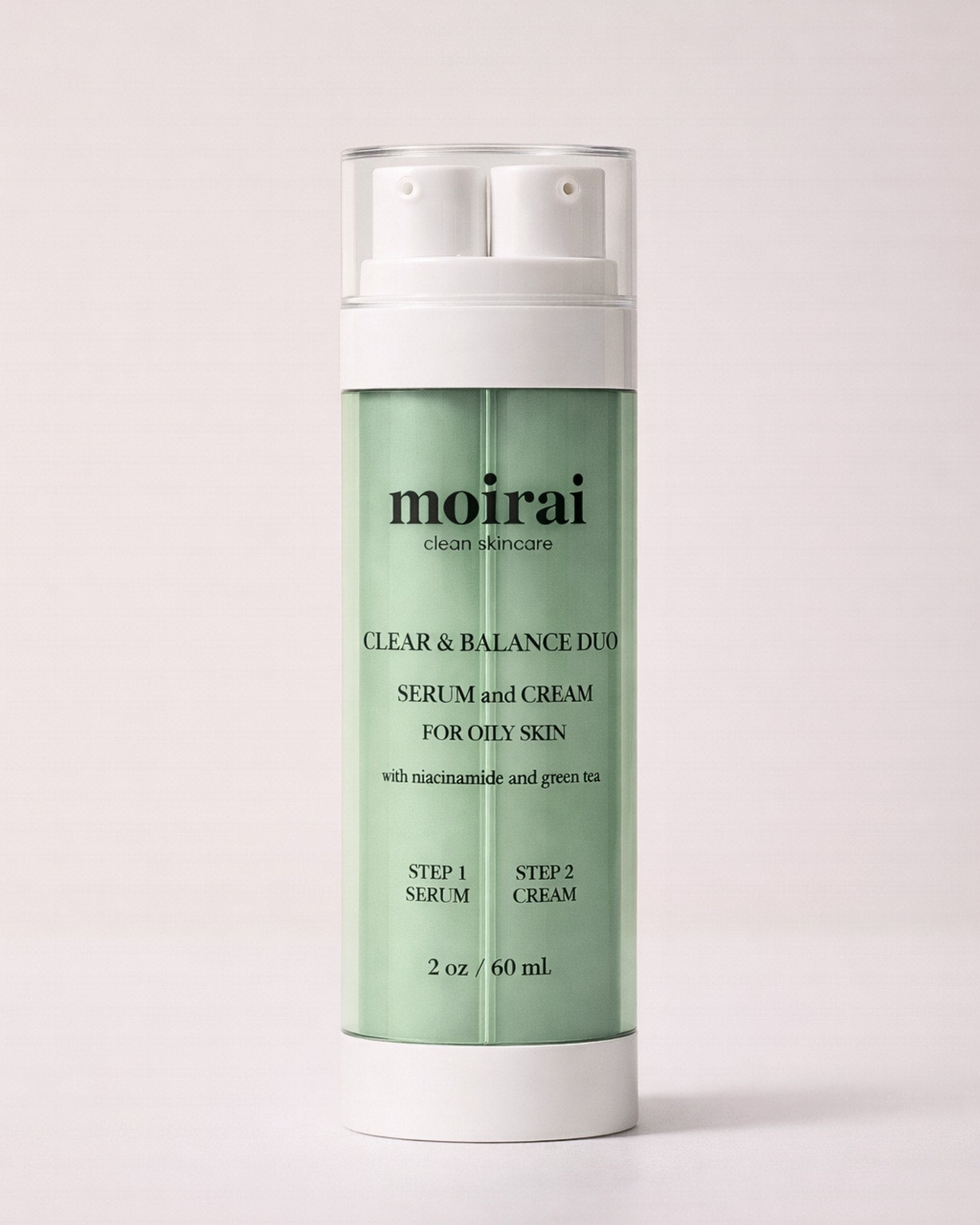 Moirai Clear & Balance Duo dual delivery serum and cream for oily, acne-prone skin with niacinamide and green tea