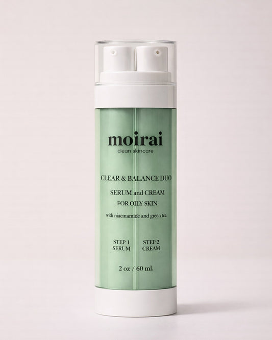 Moirai Clear & Balance Duo dual delivery serum and cream for oily, acne-prone skin with niacinamide and green tea