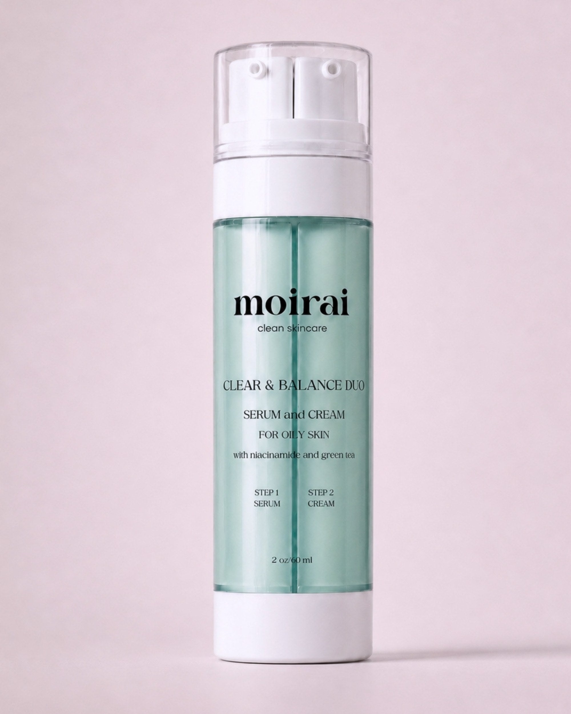 Moirai Clear & Balance Duo serum and cream for oily skin in a dual-chamber skincare bottle on a soft ink background