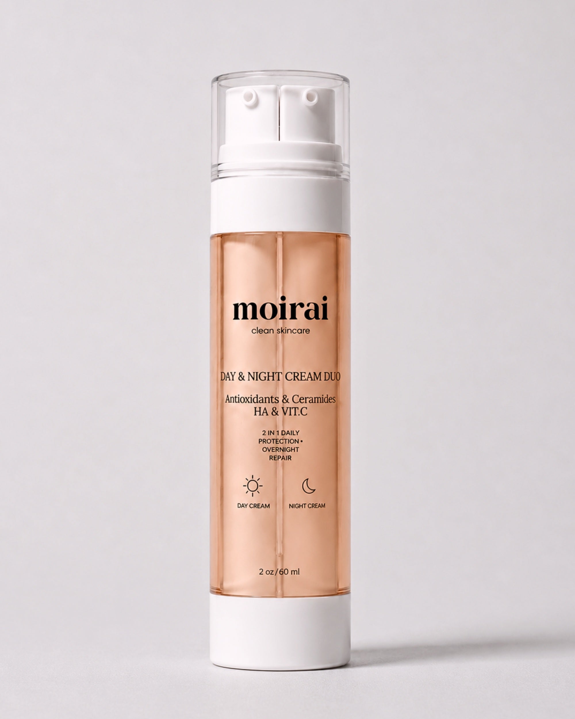Moirai Day & Night Cream Duo dual-chamber day cream and night cream in one bottle with antioxidants, ceramides, hyaluronic acid and vitamin C for daily hydration, skin barrier support and overnight nourishment