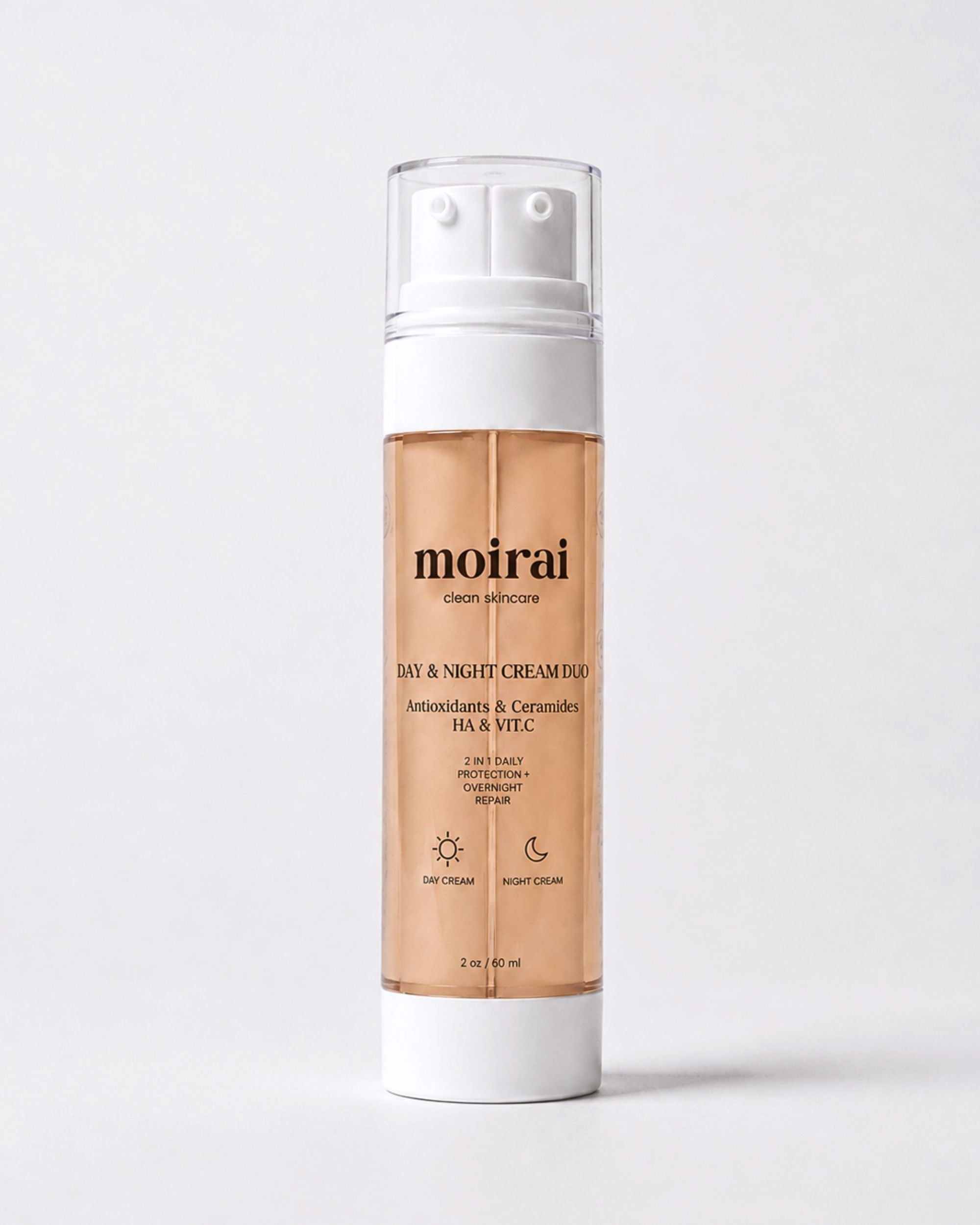 Moirai Day & Night Cream Duo dual-chamber day cream and night cream in one bottle with antioxidants, ceramides, hyaluronic acid and vitamin C for daily hydration, skin barrier support and overnight nourishment