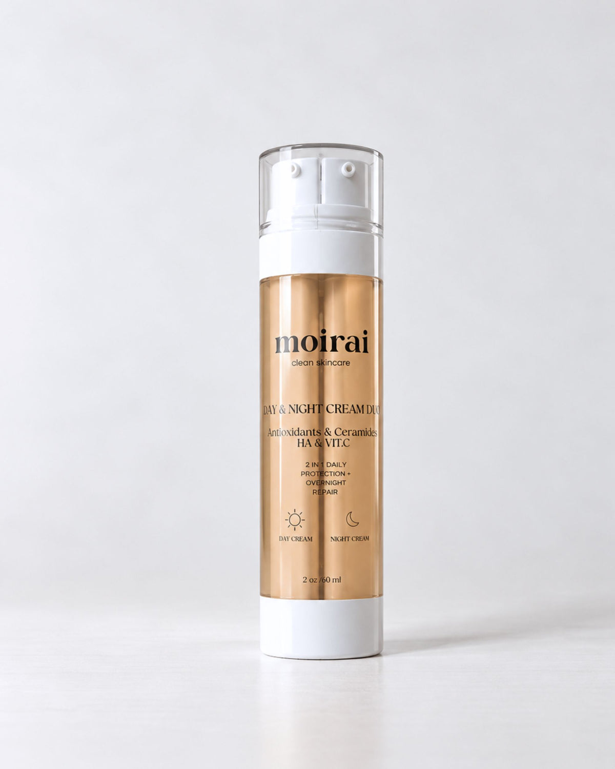 Moirai Day & Night Cream Duo dual-chamber day cream and night cream in one bottle with antioxidants, ceramides, hyaluronic acid and vitamin C for daily hydration, skin barrier support and overnight nourishment