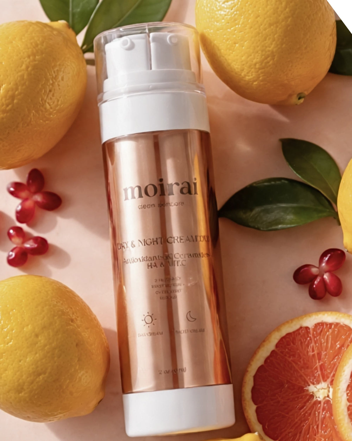 Moirai Day Cream & Night Cream Duo with hyaluronic acid and vitamin C, photographed with fresh citrus fruit