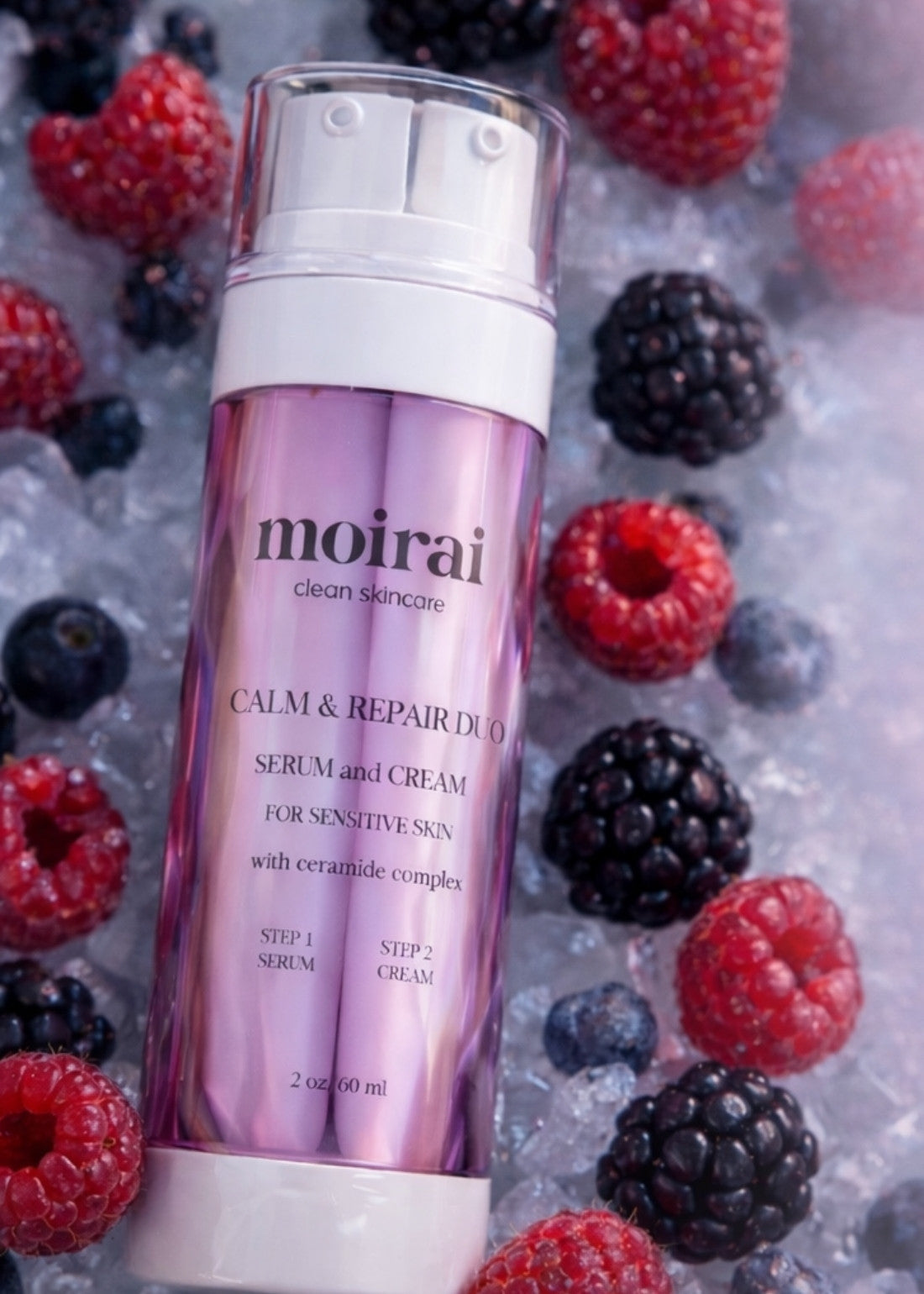 Moirai Calm & Repair Duo | Dual Delivery Barrier Repair Serum & Cream for Sensitive Skin surrounded by berries 