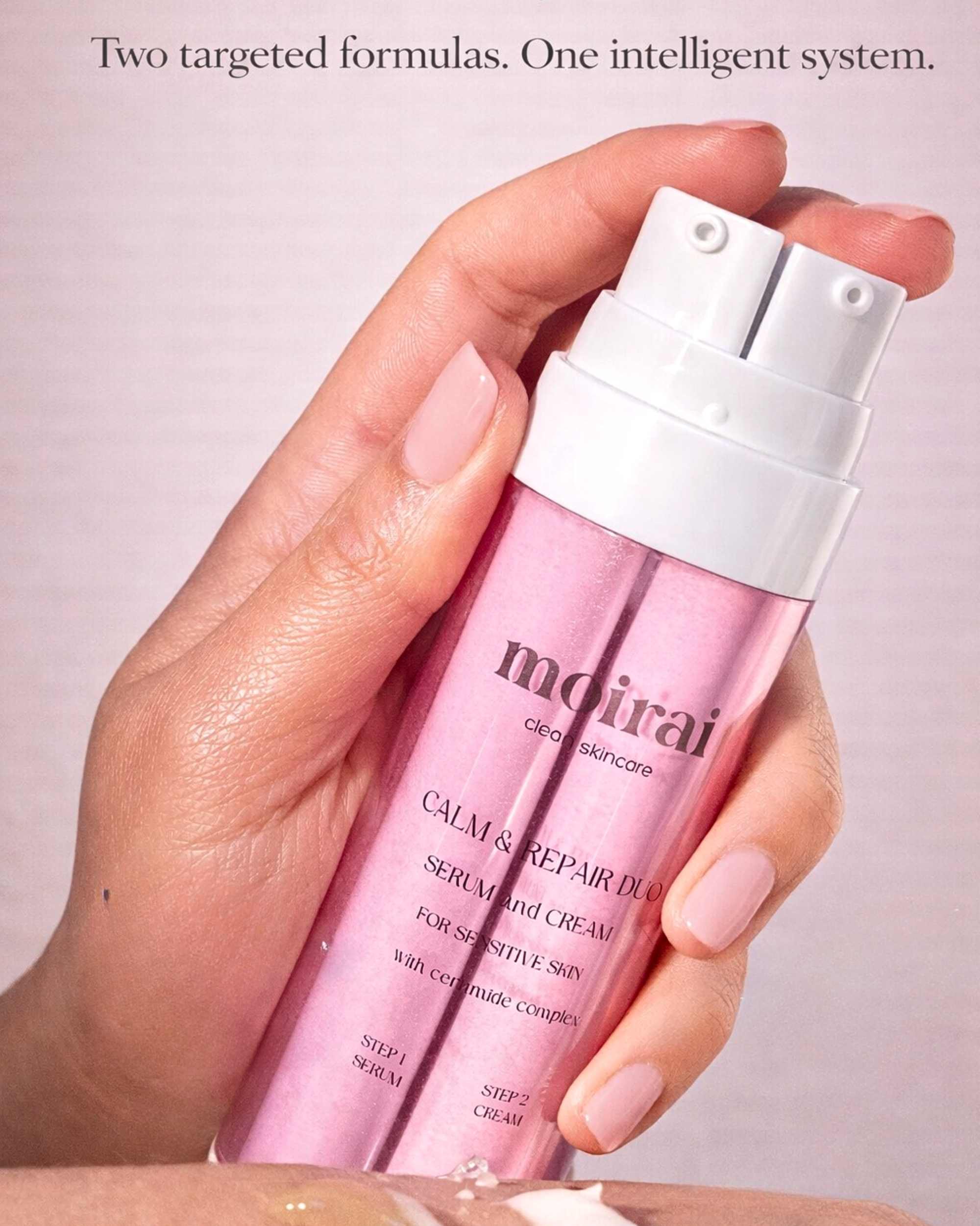 Moirai Calm & Repair Duo dual delivery serum and cream for sensitive skin shown in hand with dual pump bottle