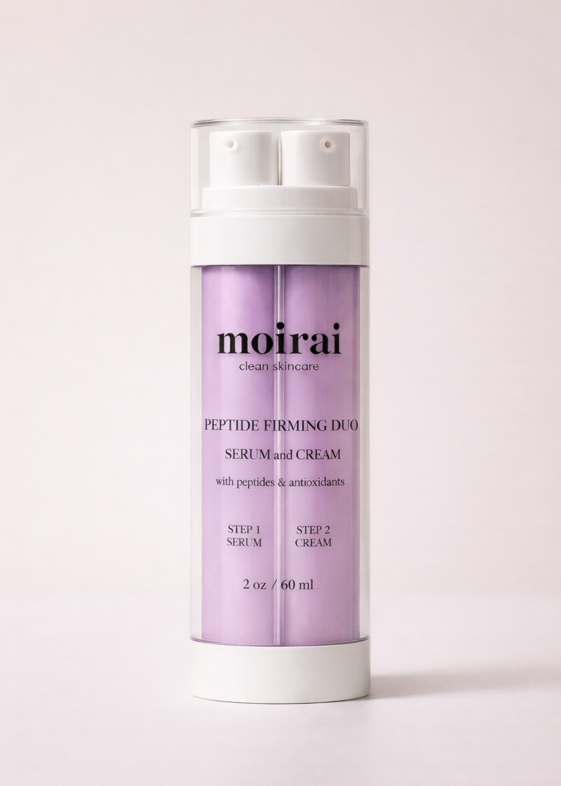 Moirai peptide firming duo serum and cream packaging on a white background
