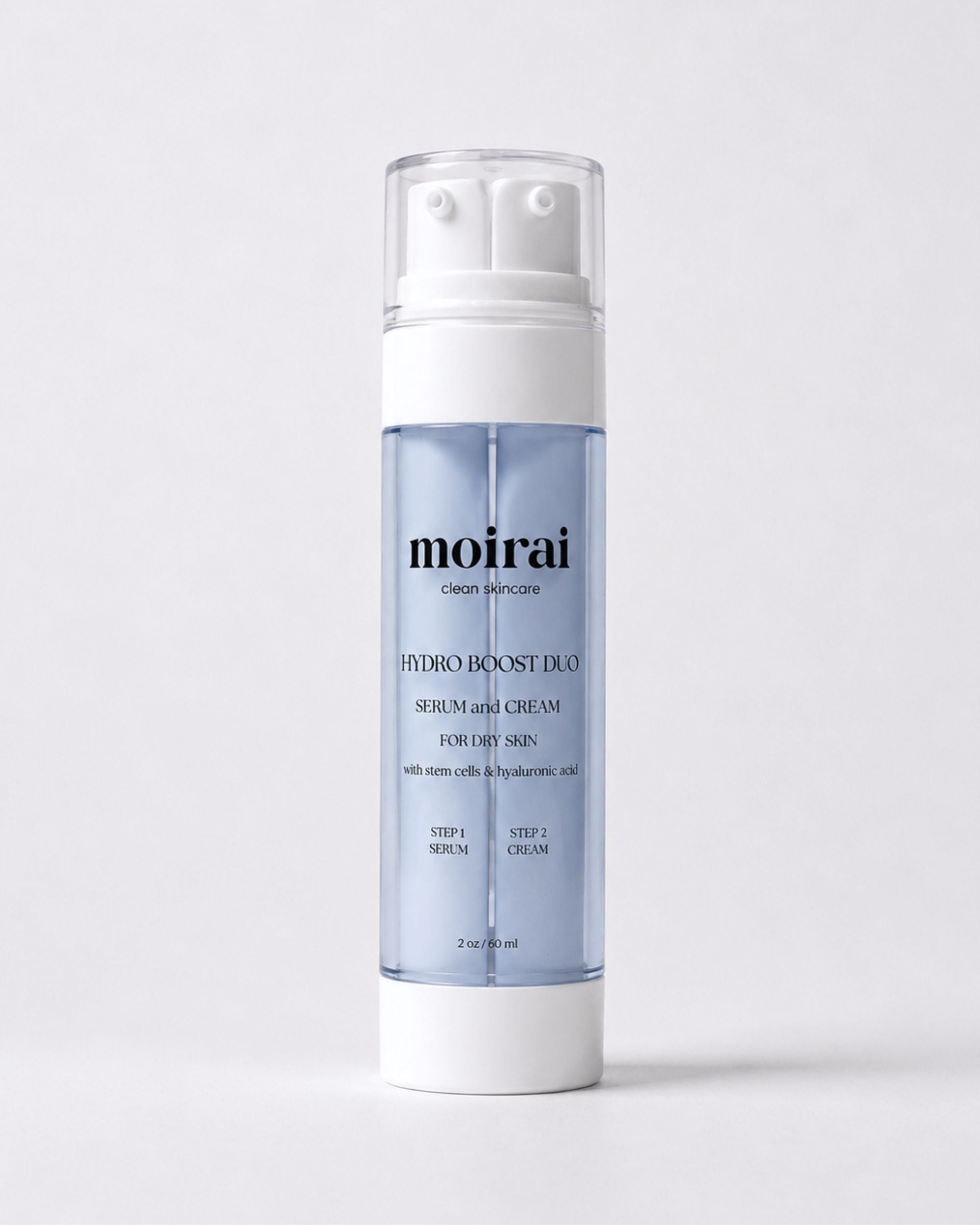 Moirai Hydro Boost Duo hydrating serum and cream in one bottle featuring the Dual-Delivery System with hyaluronic acid for dry, dehydrated skin, long-lasting hydration and a plump radiant complexion