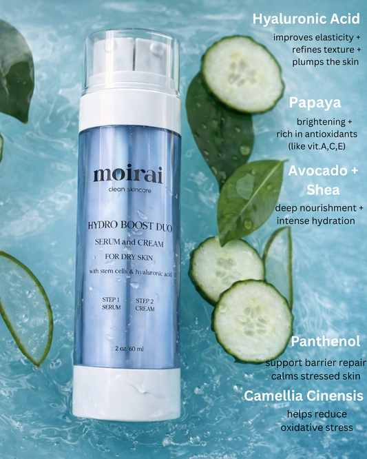 Moirai Hydro Boost Duo serum and cream with moisturizing ingredients listed on a green leafy background