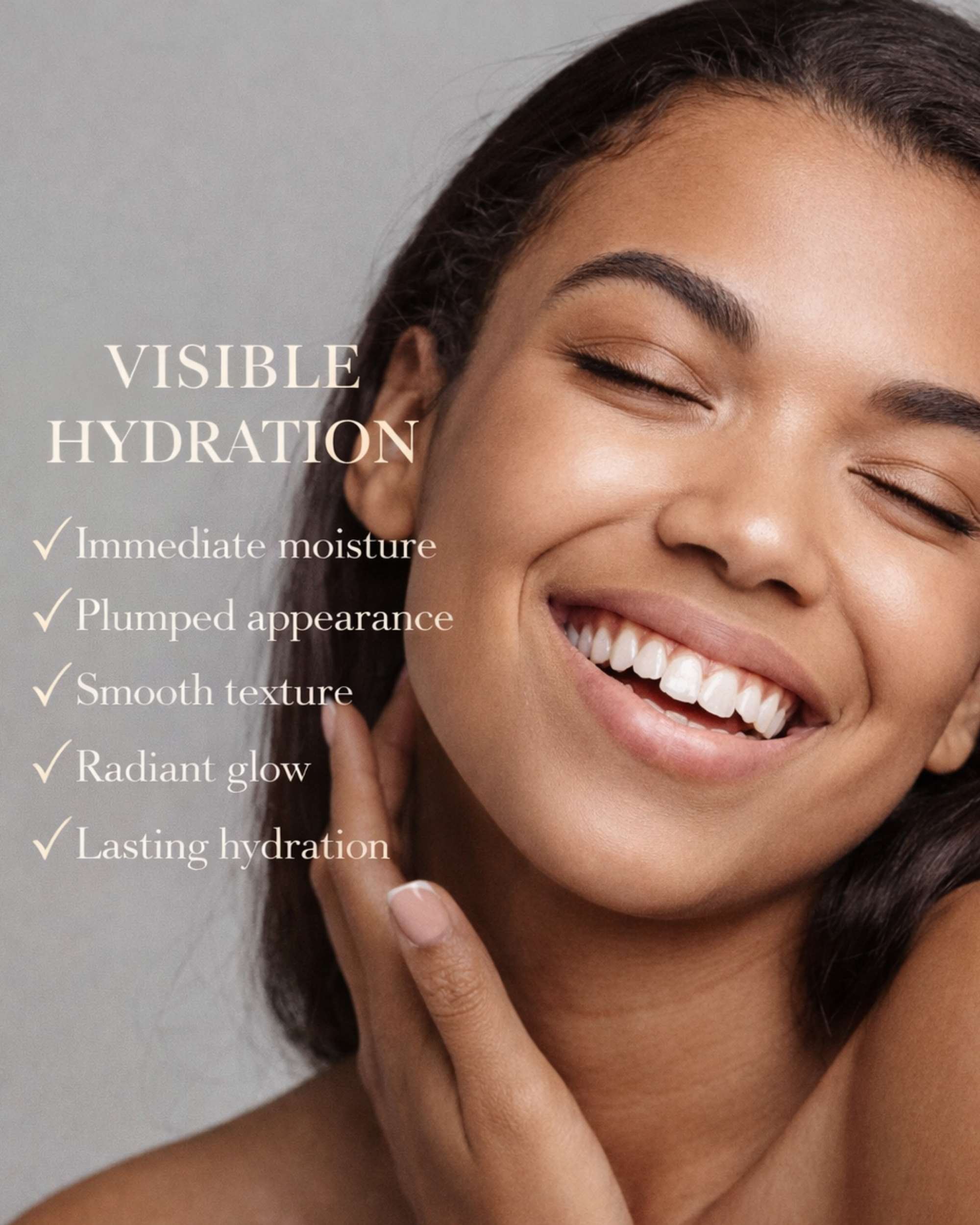 Model with glowing hydrated skin demonstrating Moirai Hydro Boost Duo hyaluronic acid serum and cream for dry skin