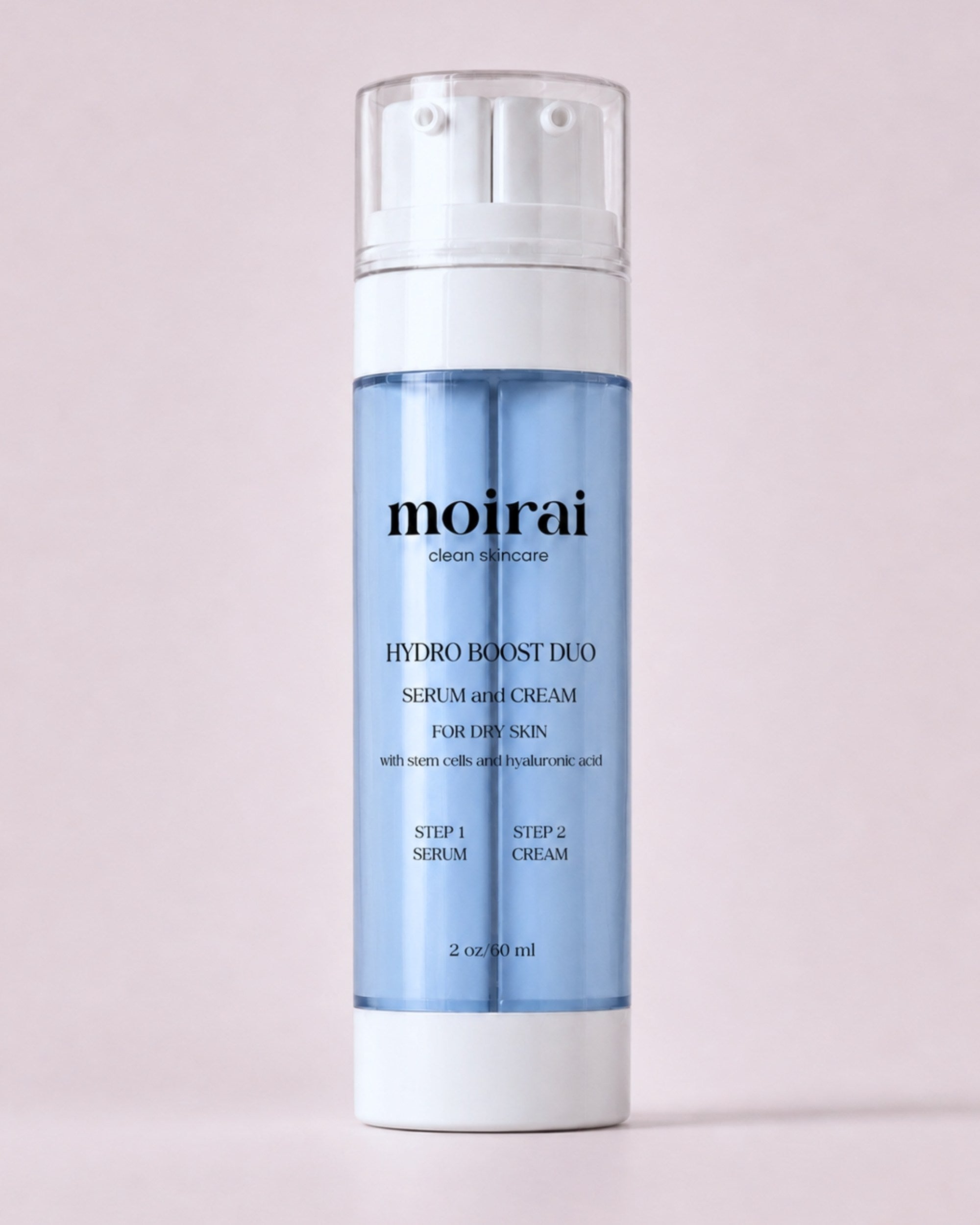 Moirai Hydro Boost Duo serum and cream for dry skin in a blue dual-chamber skincare bottle on a soft pink background