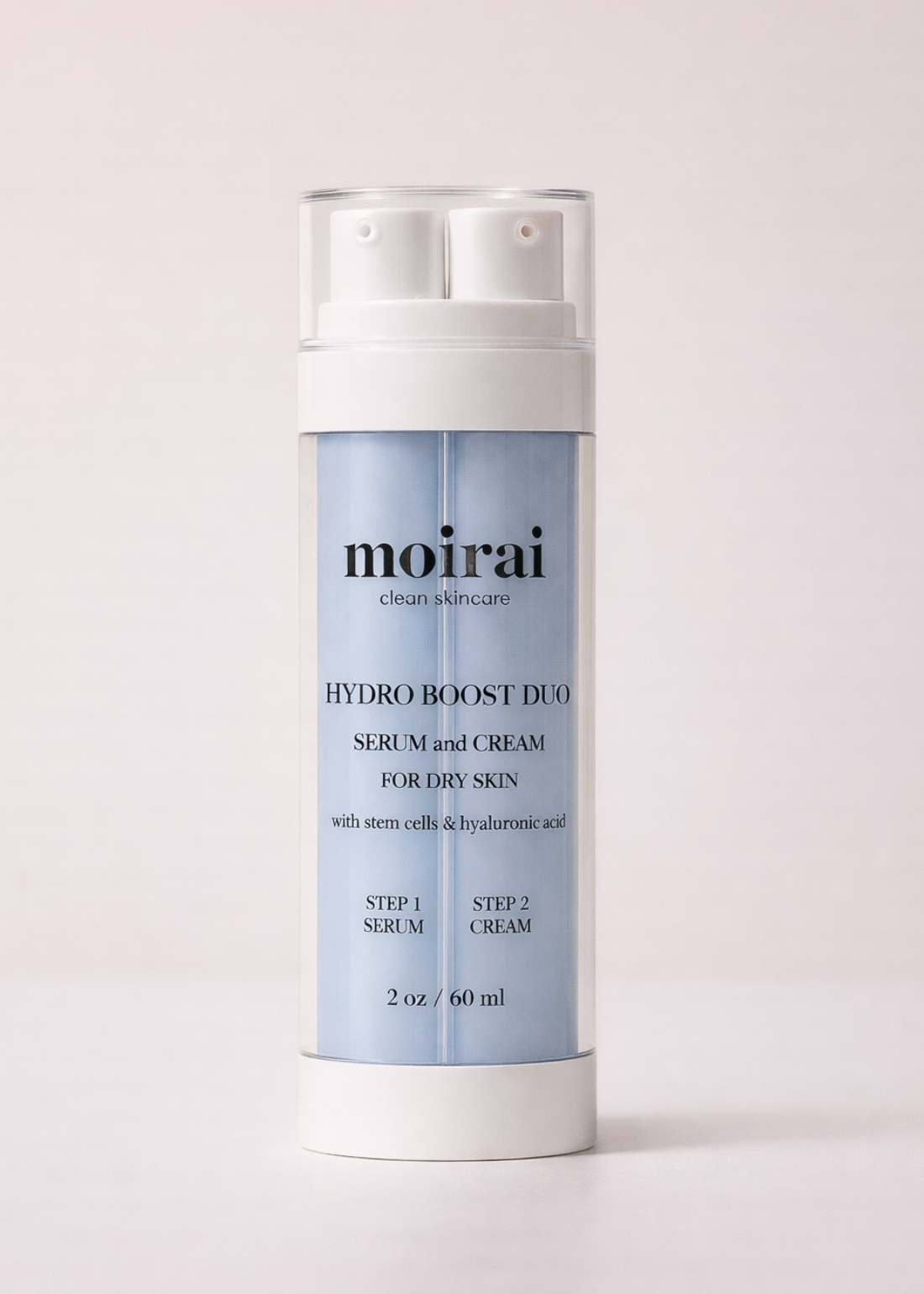 Moirai Hydro Boost Dual chamber skincare product with serum and cream for deep long-lasting hydration on a white backgrounding 
