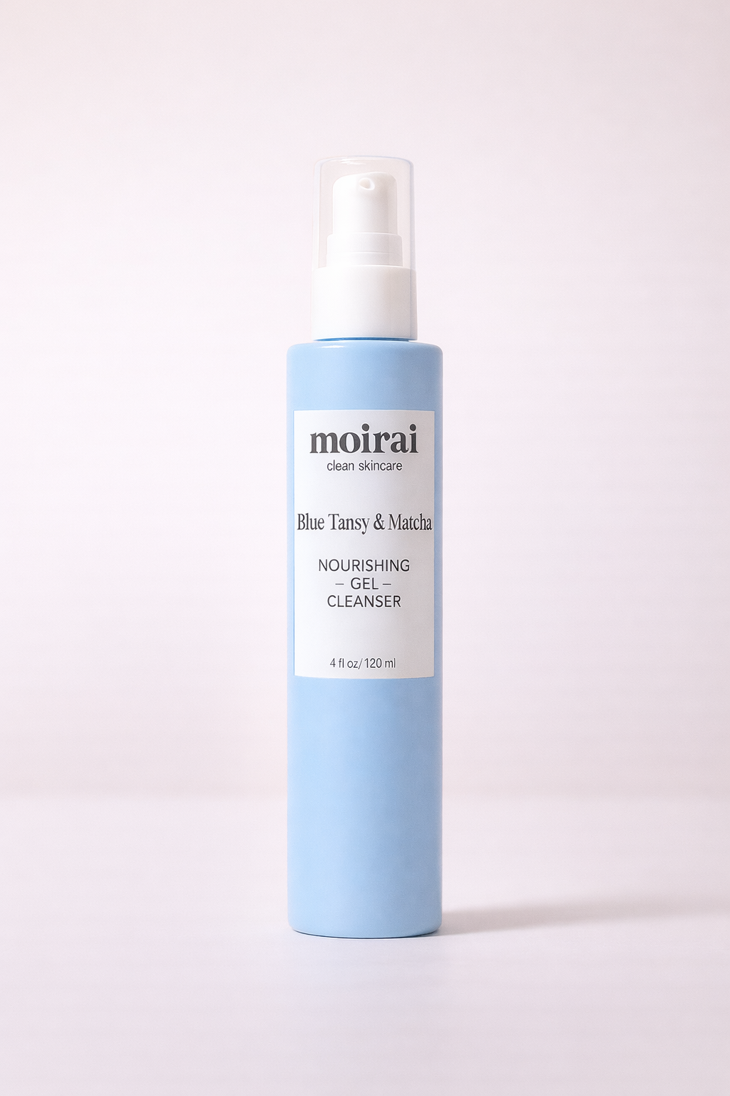 Moirai skincare Blue Tansy & Matcha Gel face Cleanser with blue and white design on a light background
