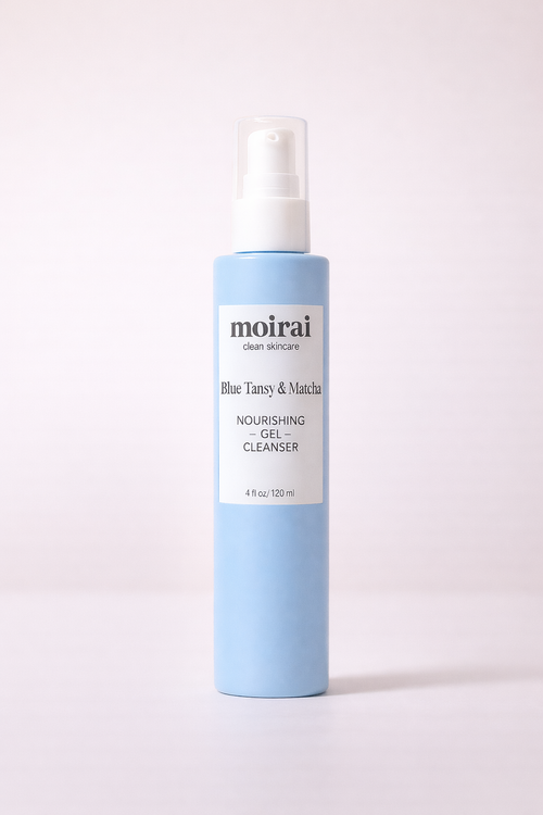 Moirai skincare Blue Tansy & Matcha Gel face Cleanser with blue and white design on a light background