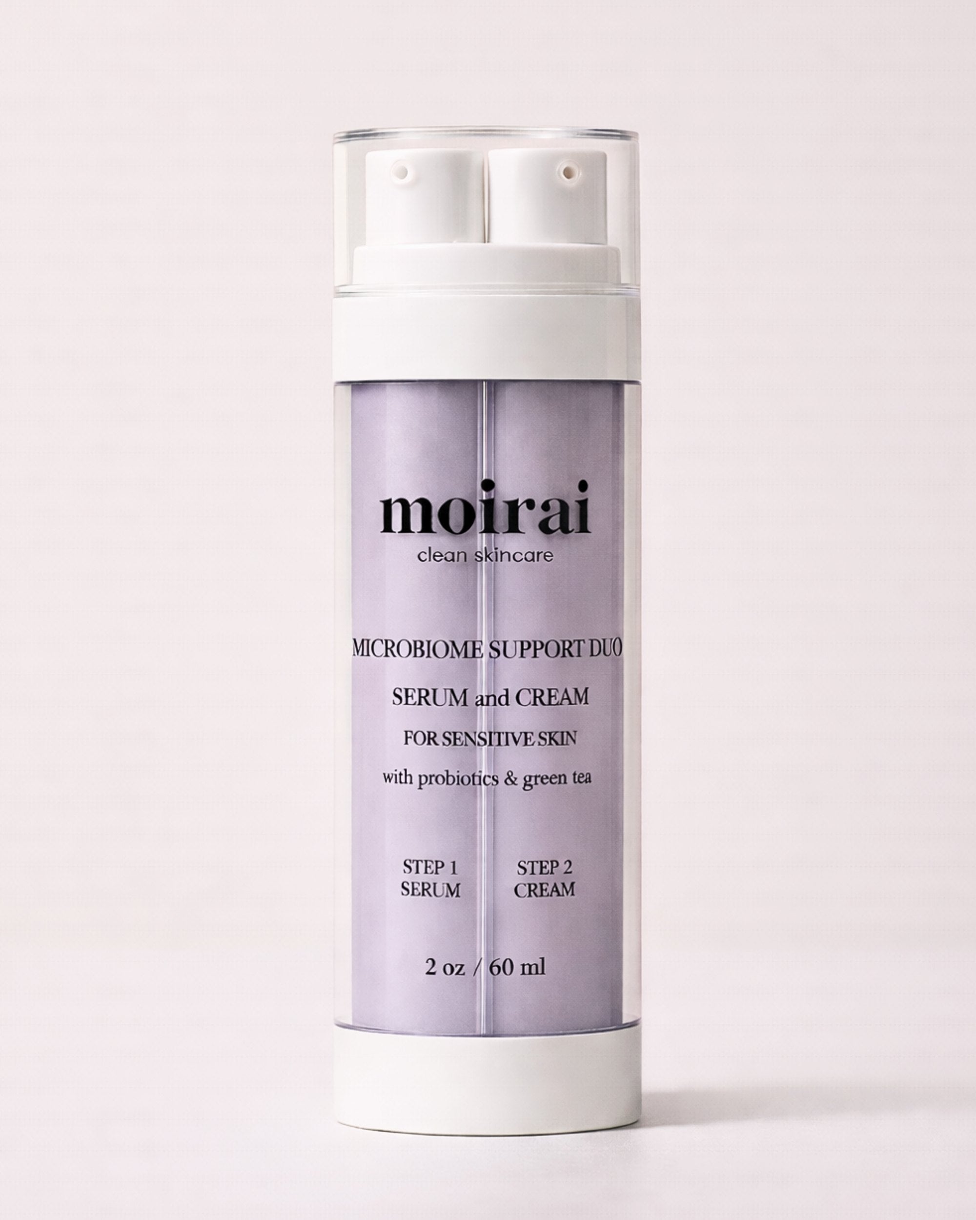 Moirai Microbiome Support Duo dual delivery serum and cream or sensitive, breakout prone skin with probiotics and green tea
